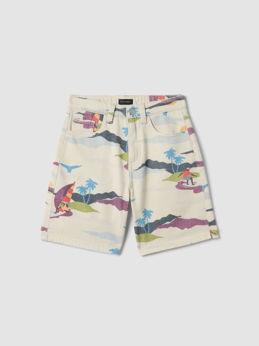 Beige pure cotton shorts with all-over print_3