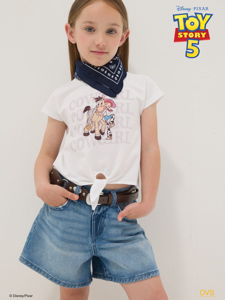 White stretch cotton T-shirt with knot and Toy Story print for girls_0