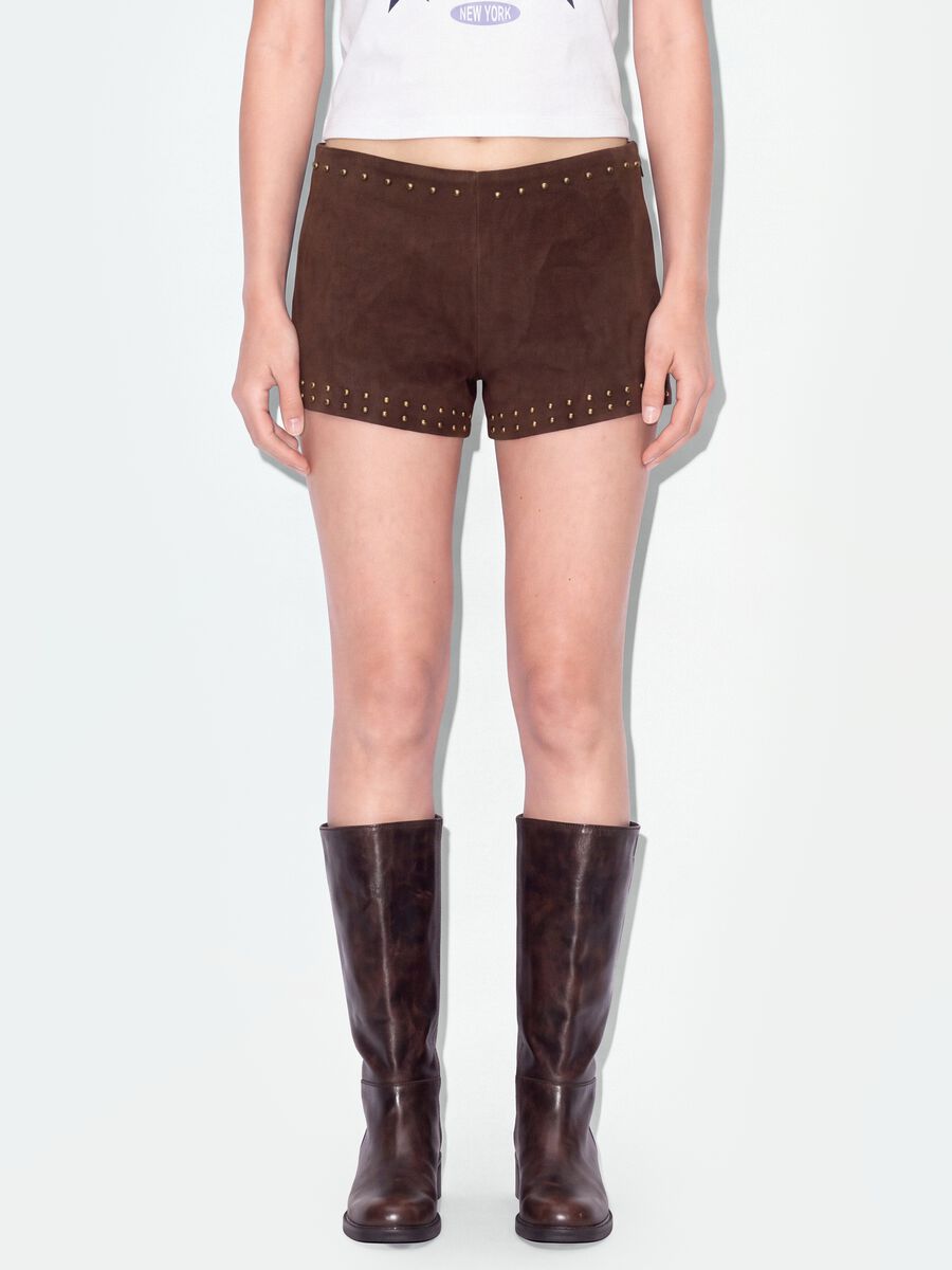 Brown stretch mini shorts with studs_1