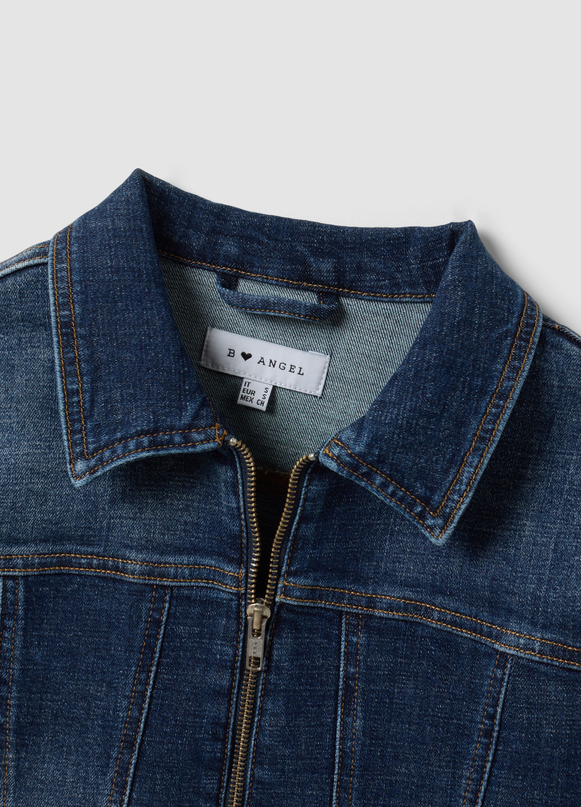 Blue slim-fit stretch cotton denim jacket with zip