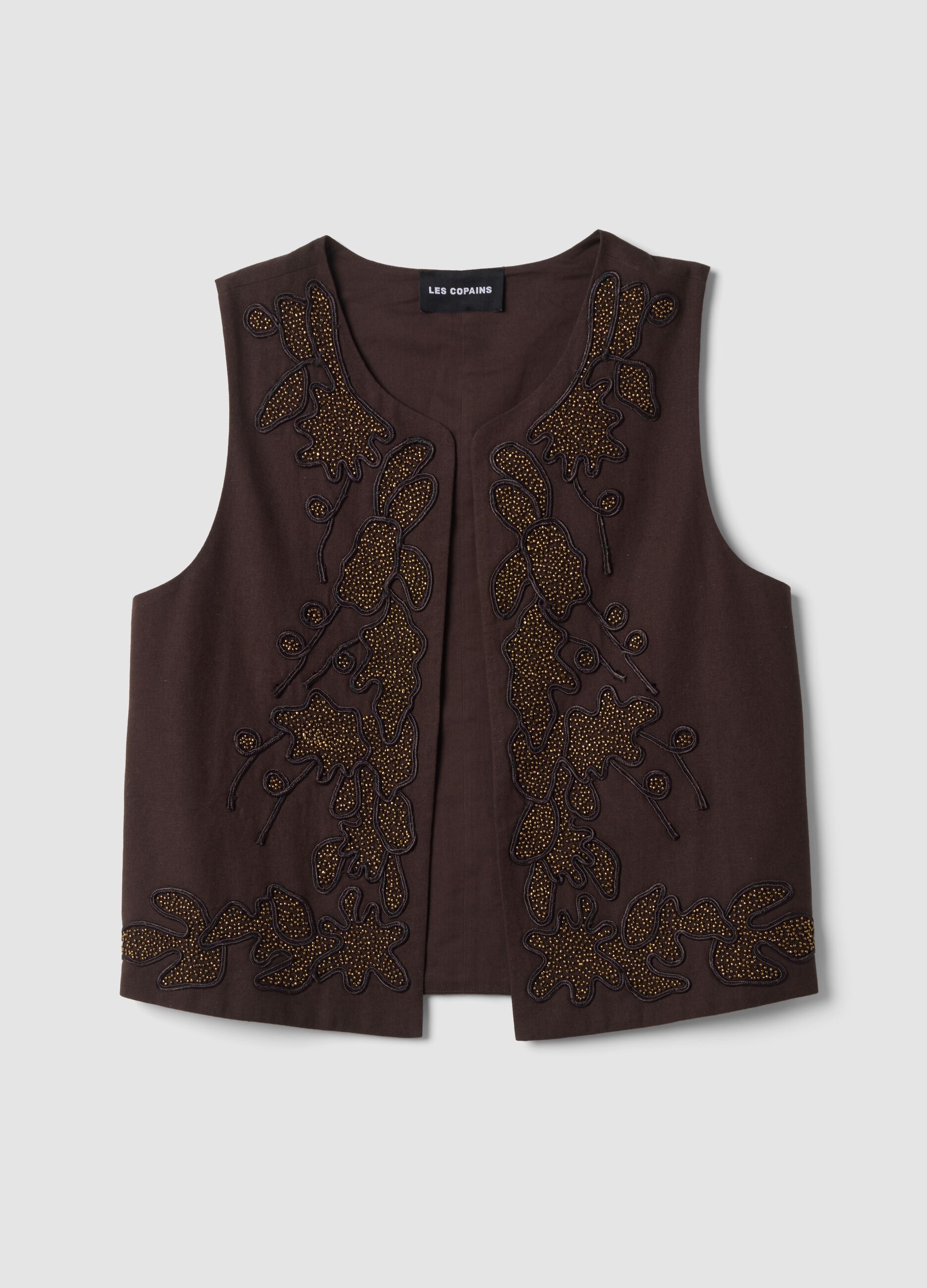 Brown cotton-linen blend waistcoat with floral embroidery