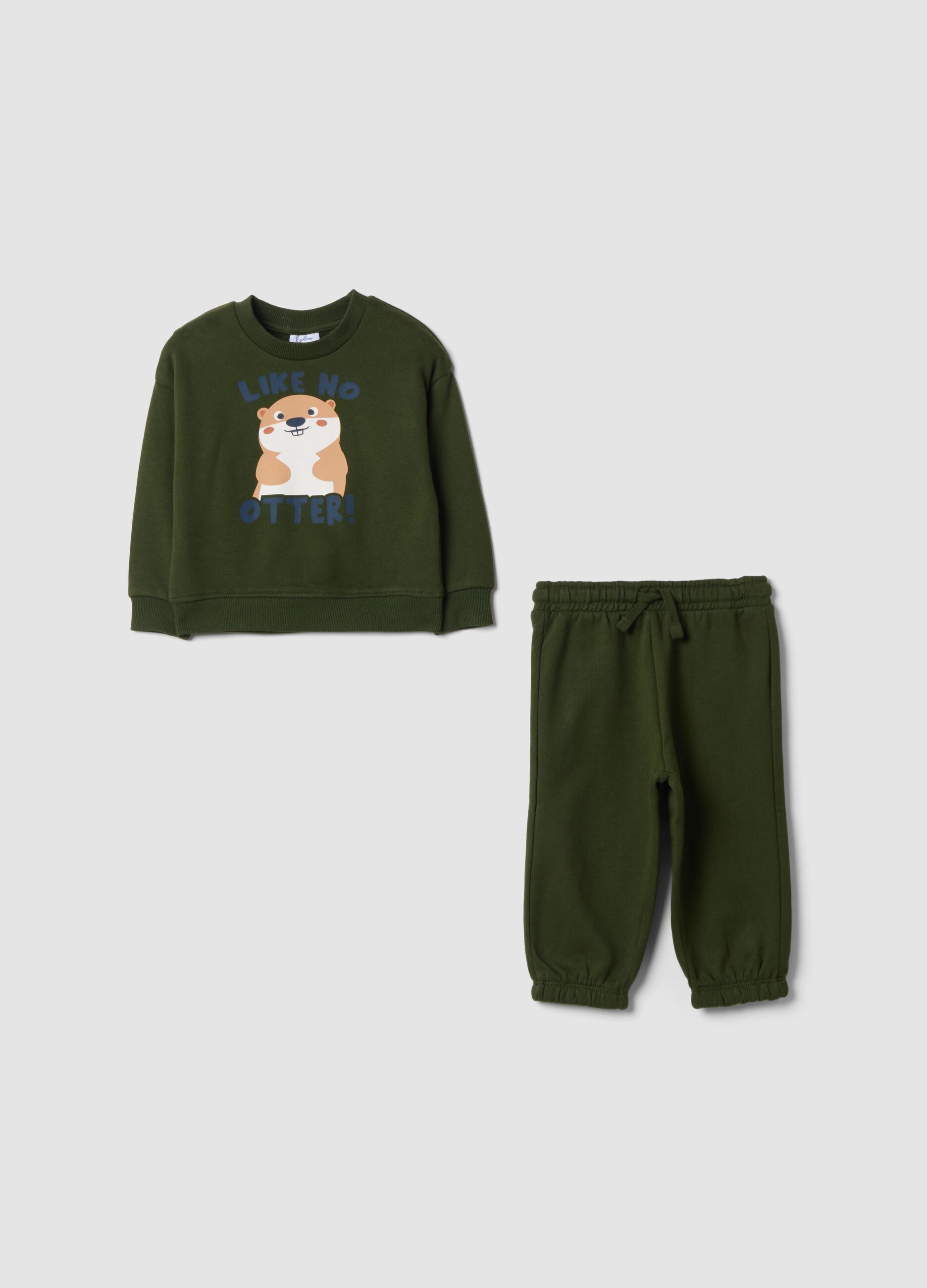 Completo jogging verde in puro cotone con stampa animaletto over fit