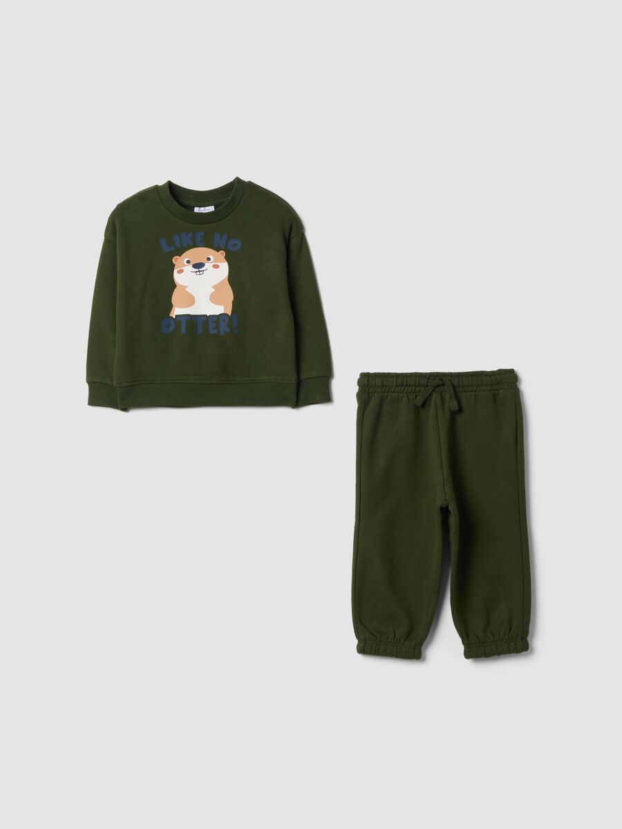 Completo jogging verde in puro cotone con stampa animaletto over fit_0