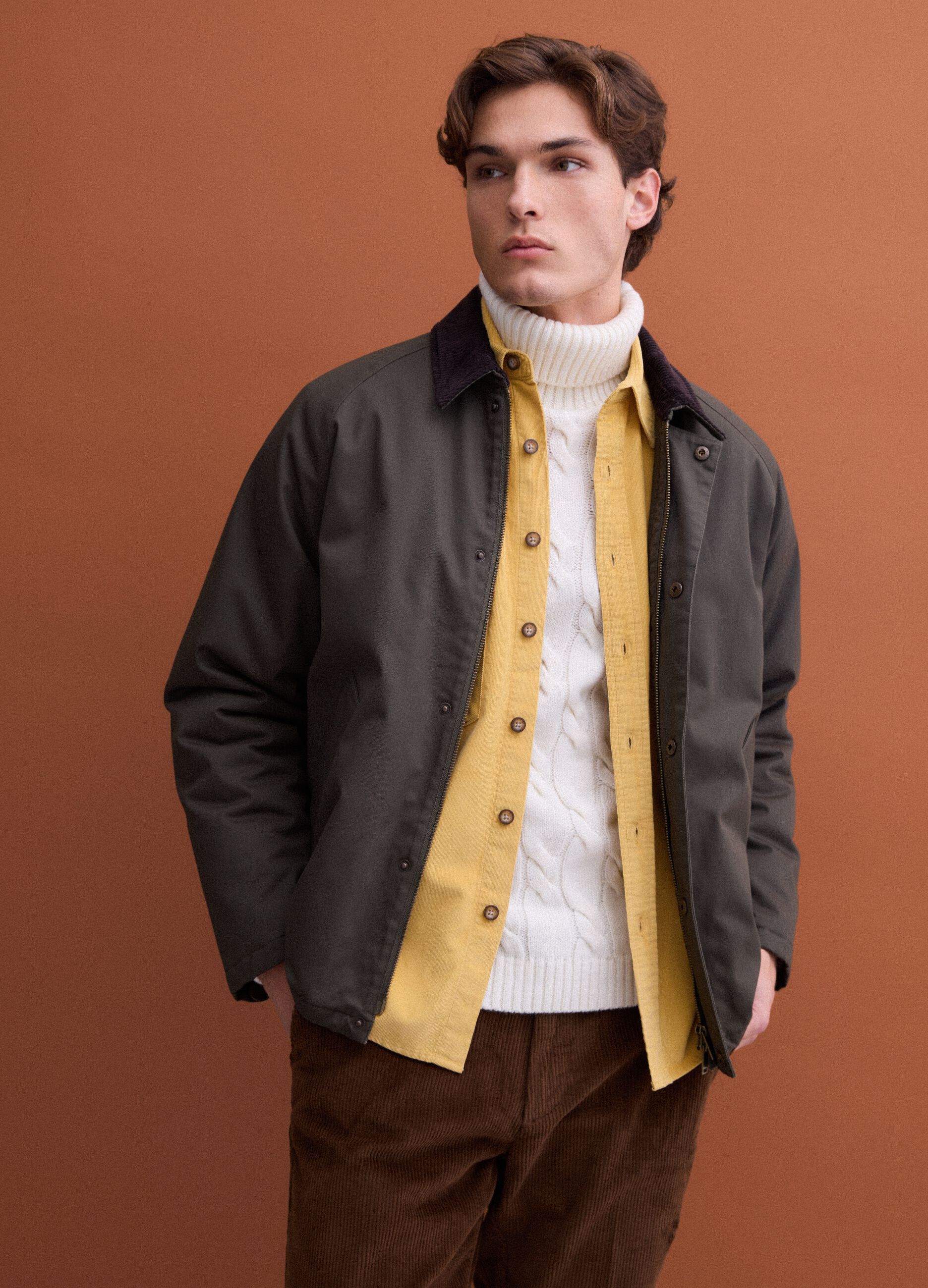 Green pure cotton jacket with velvet collar