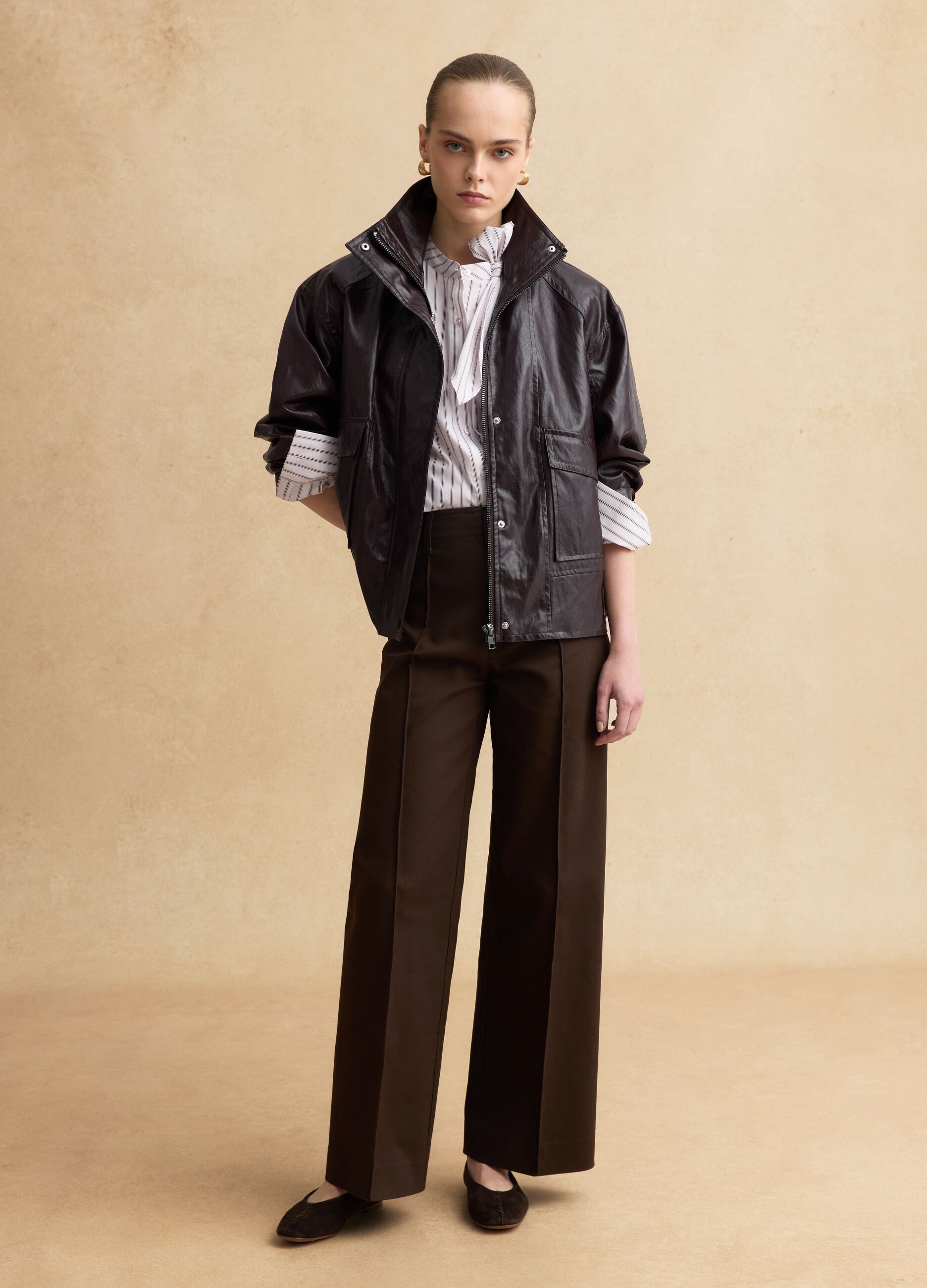 Brown regular fit straight cotton blend trousers