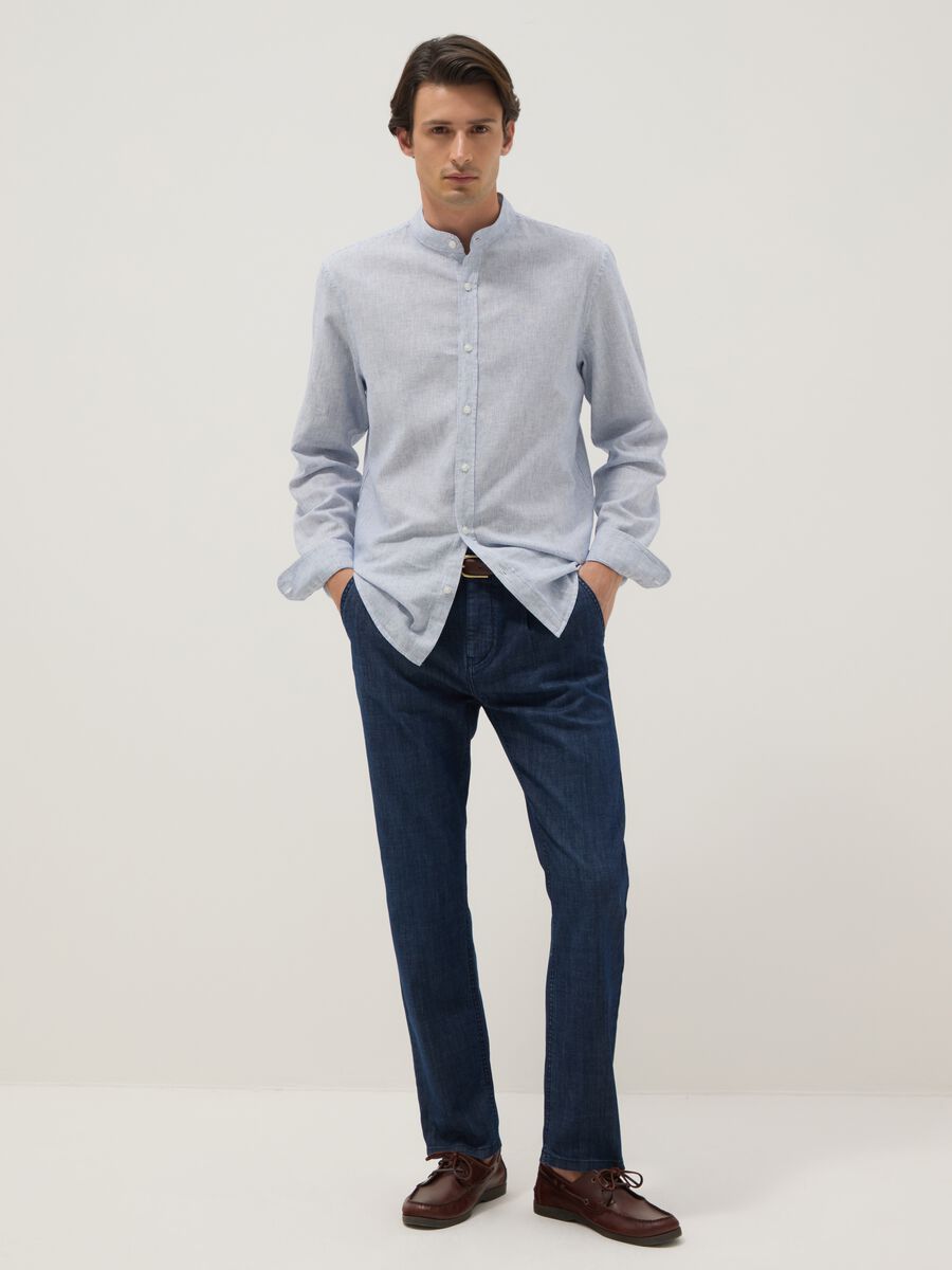 Multicoloured striped shirt with band collar in linen and cotton blend, regular fit_1