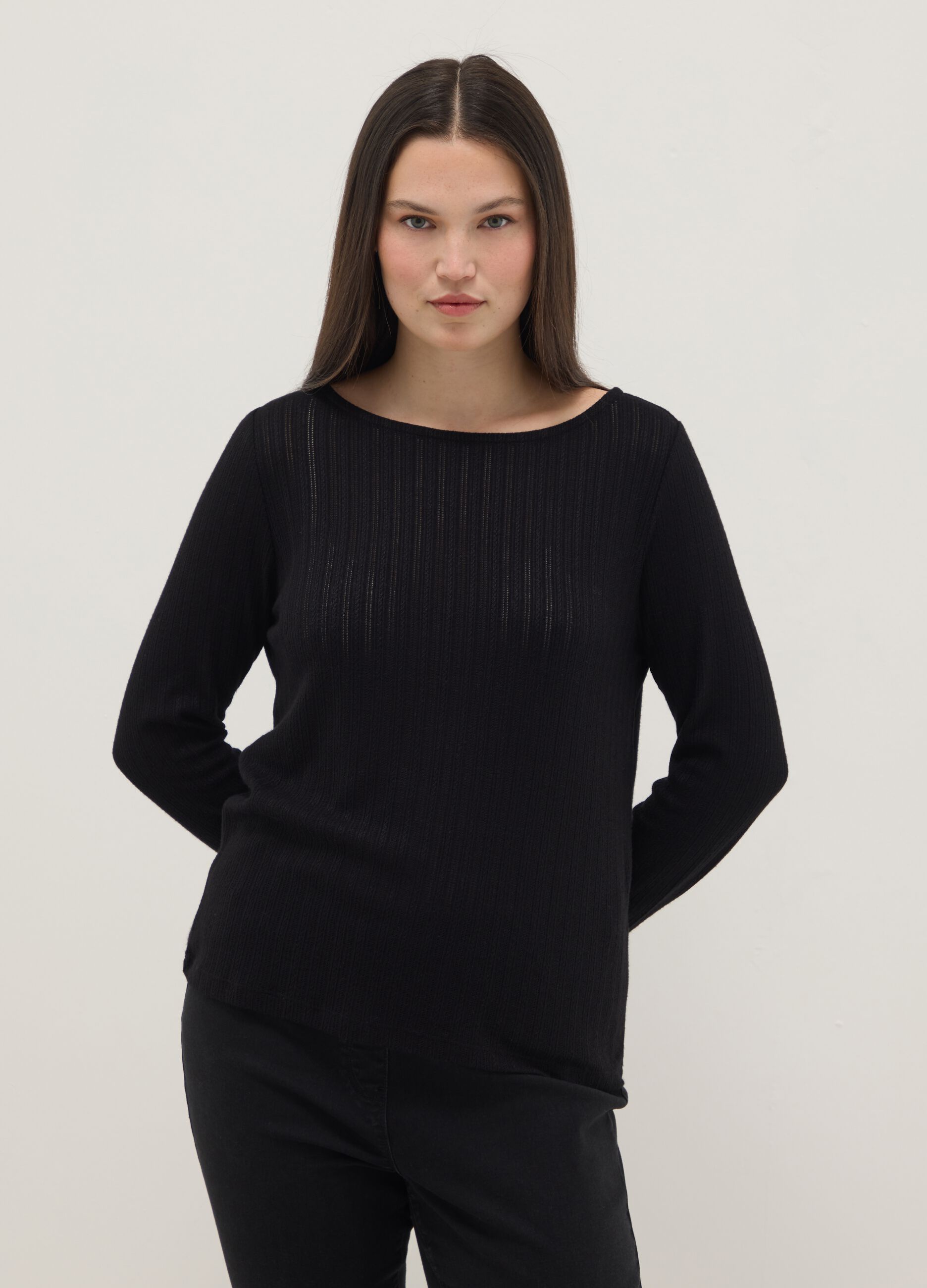 Black regular fit long sleeve t-shirt with boat neckline