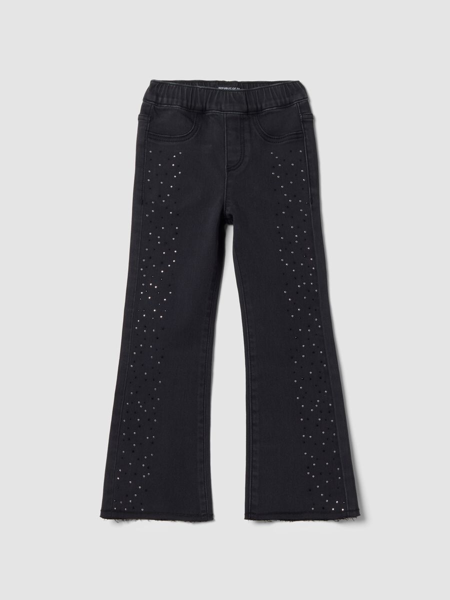 Jeggings noirs flare en coton stretch avec strass pour fille_0