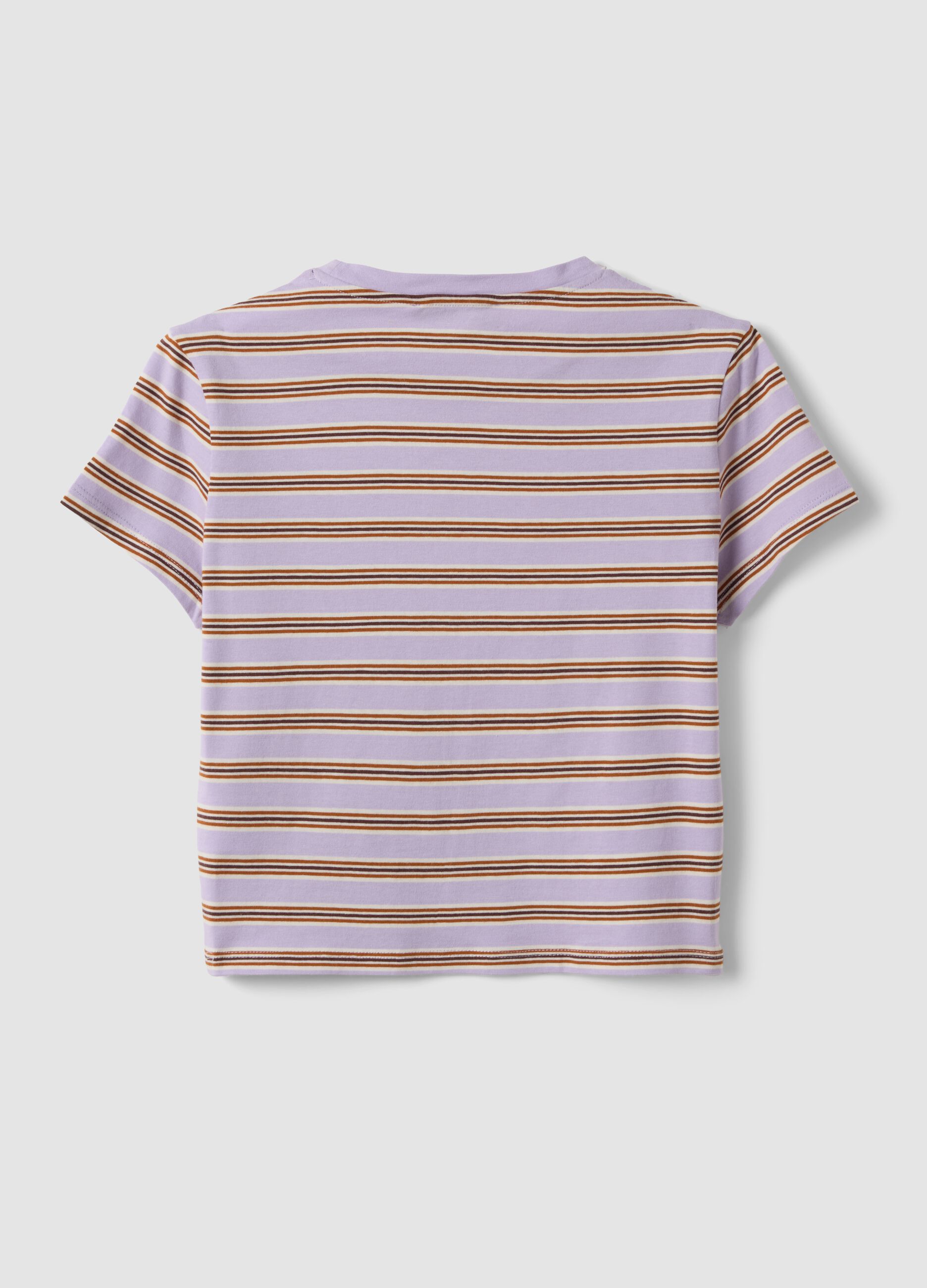 T-shirt crop viola in puro cotone a righe con stampa