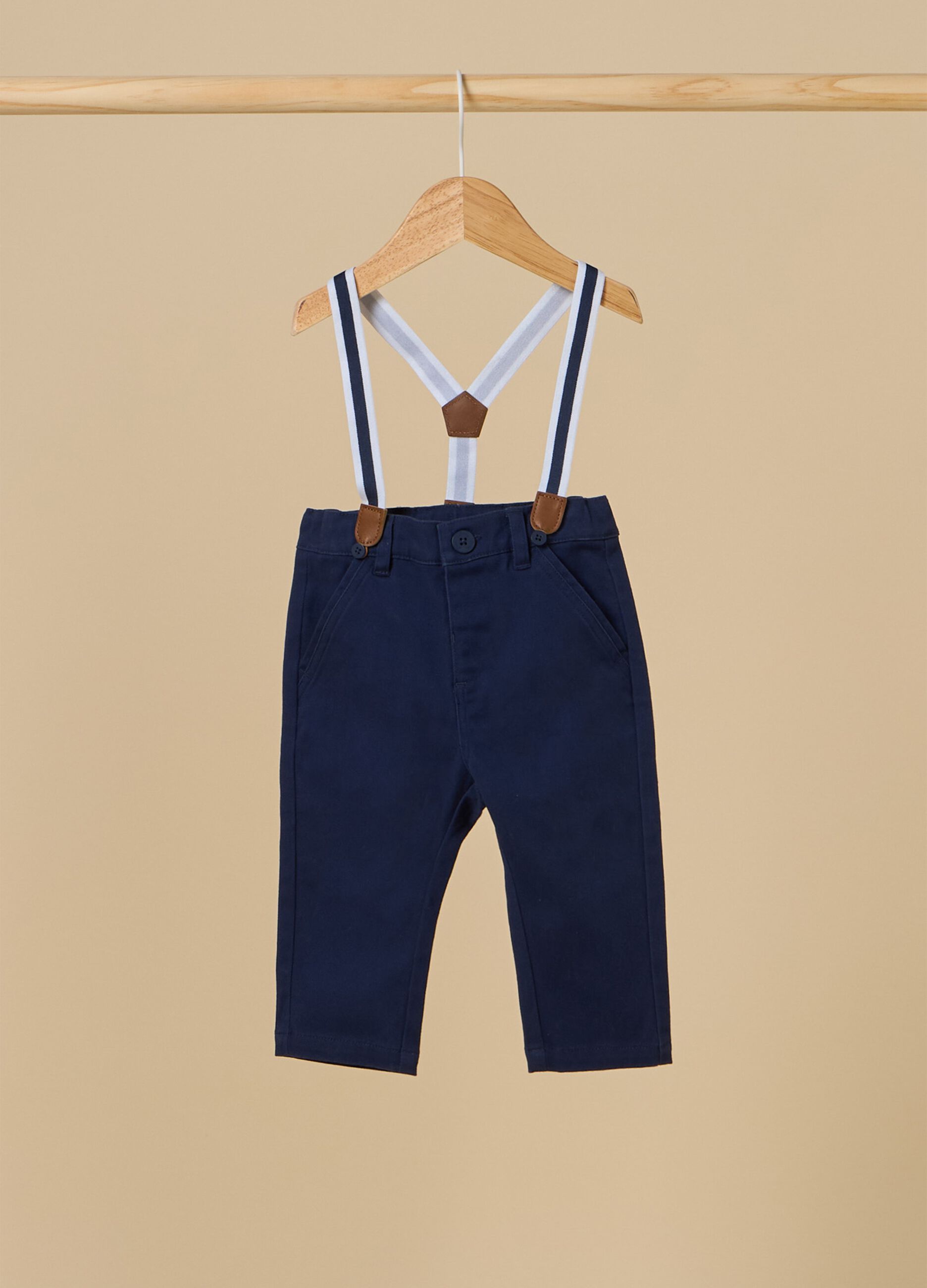 Stretch cotton trousers with suspenders
