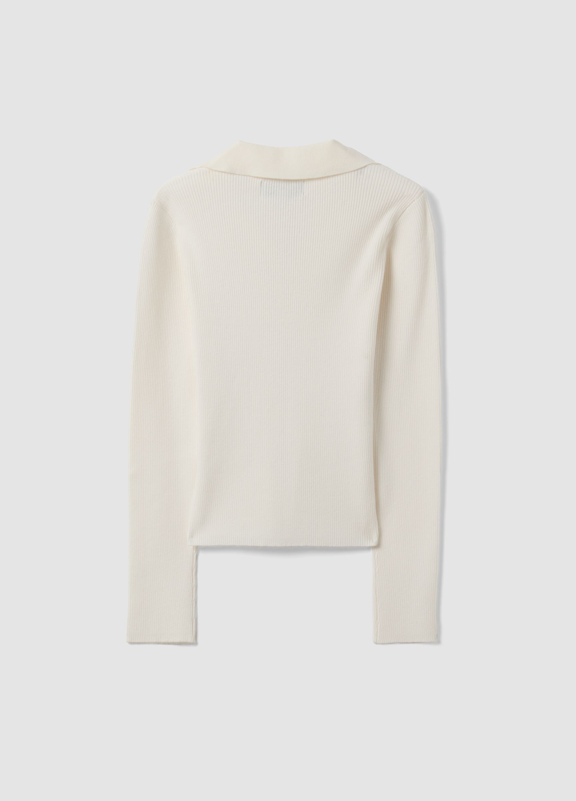 White viscose-blend fitted polo-collar top