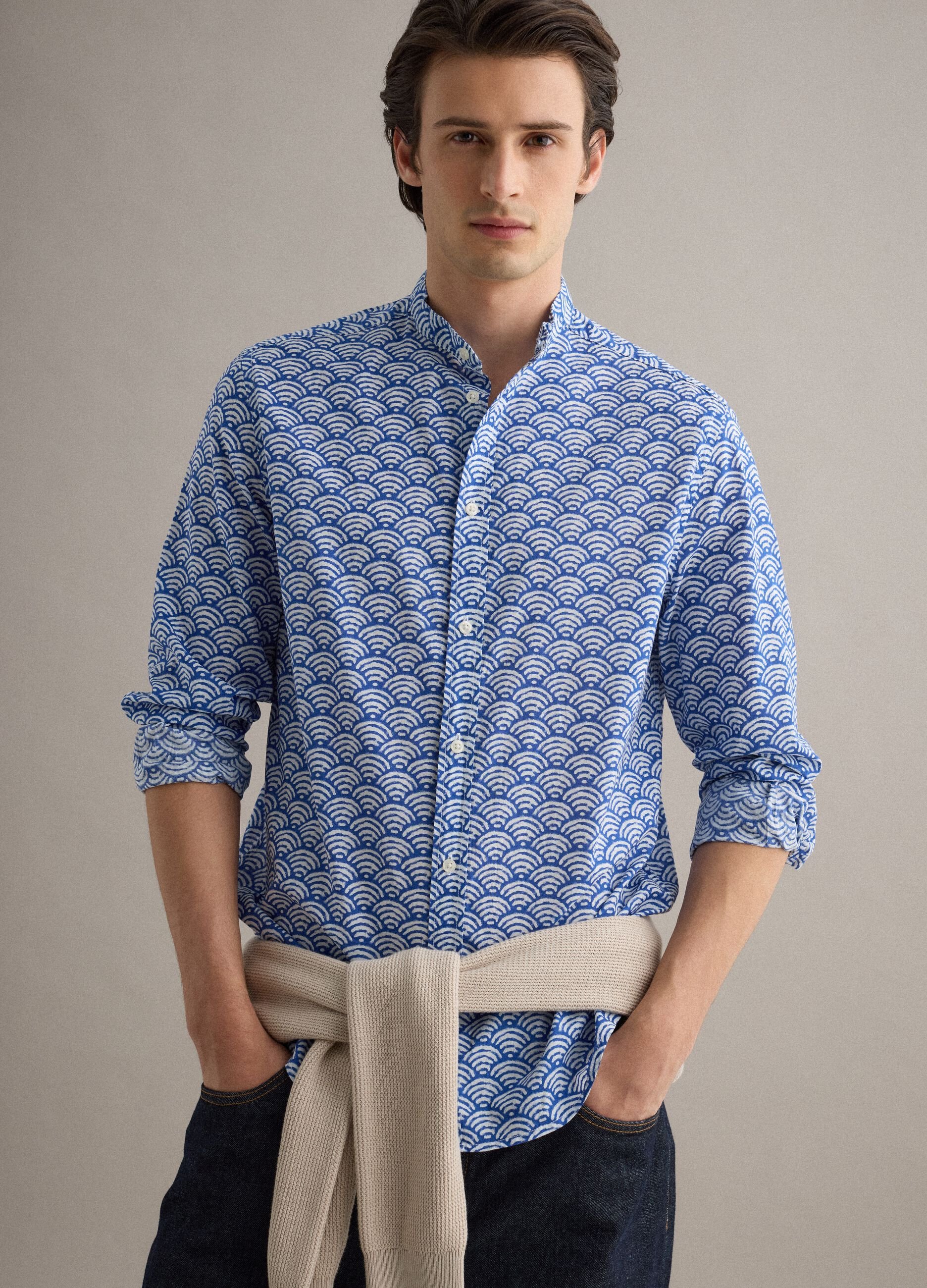 Multicolored shirt with Mandarin collar in pure cotton regular fit