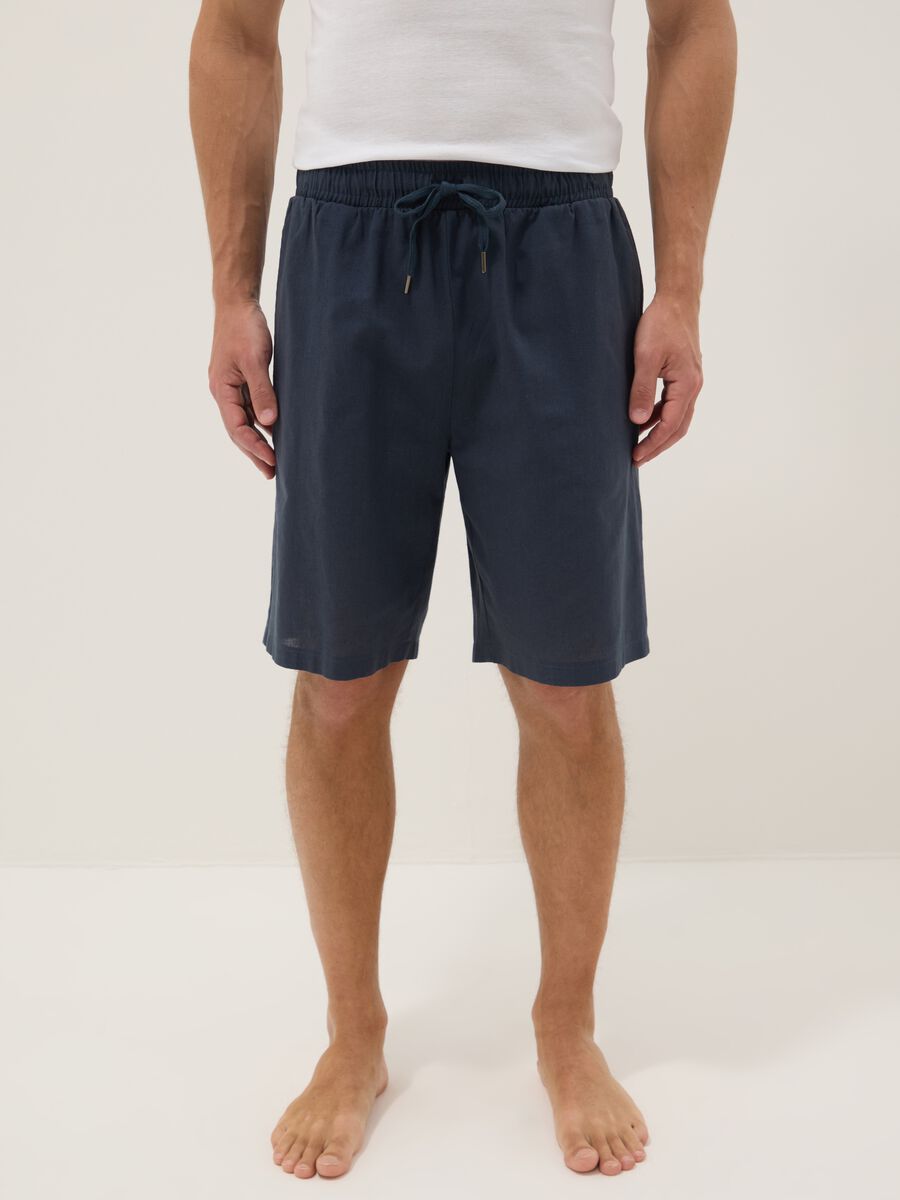 Blue cotton and linen blend pyjama shorts, regular fit_1