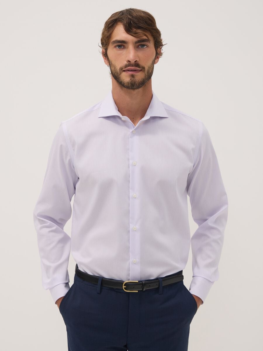 White striped pure cotton shirt with French collar, slim fit, non-iron_0