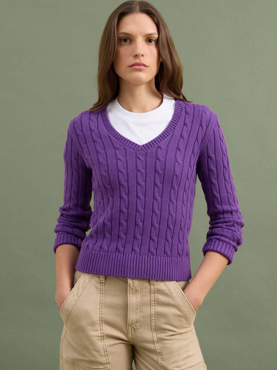 Purple pure cotton cable-knit jumper with deep V-neck_0