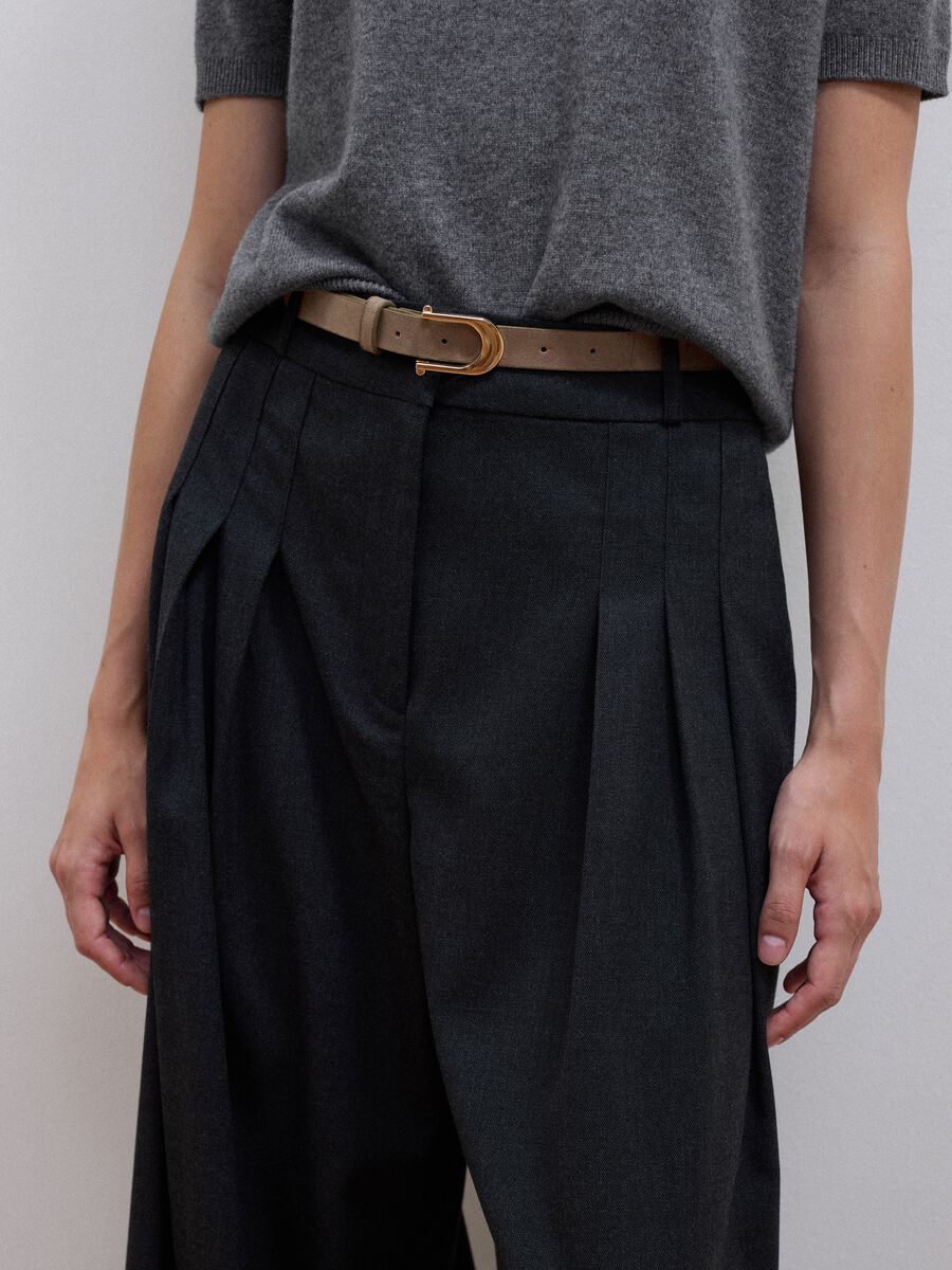 Grey wide-leg formal trousers in stretch viscose with belt_3