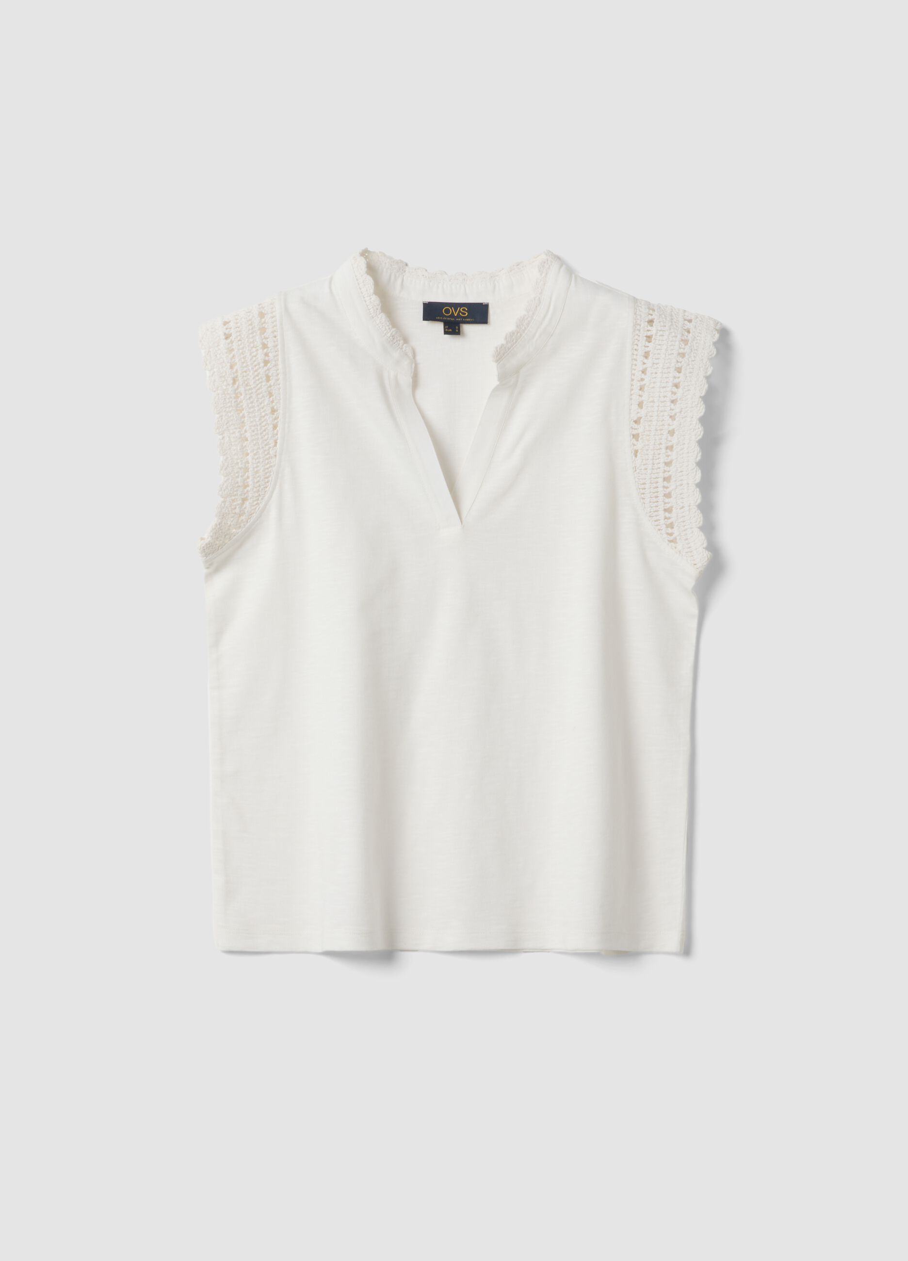 White pure cotton regular-fit top with crochet inserts