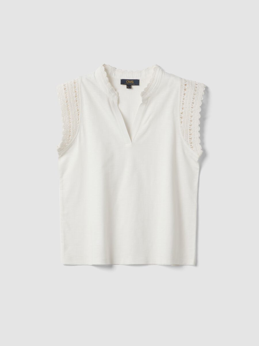 White pure cotton regular-fit top with crochet inserts_0