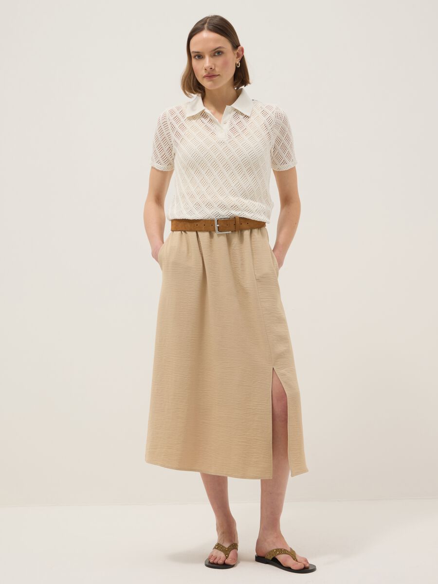 Beige long skirt, regular fit with elasticated waist and slit_0