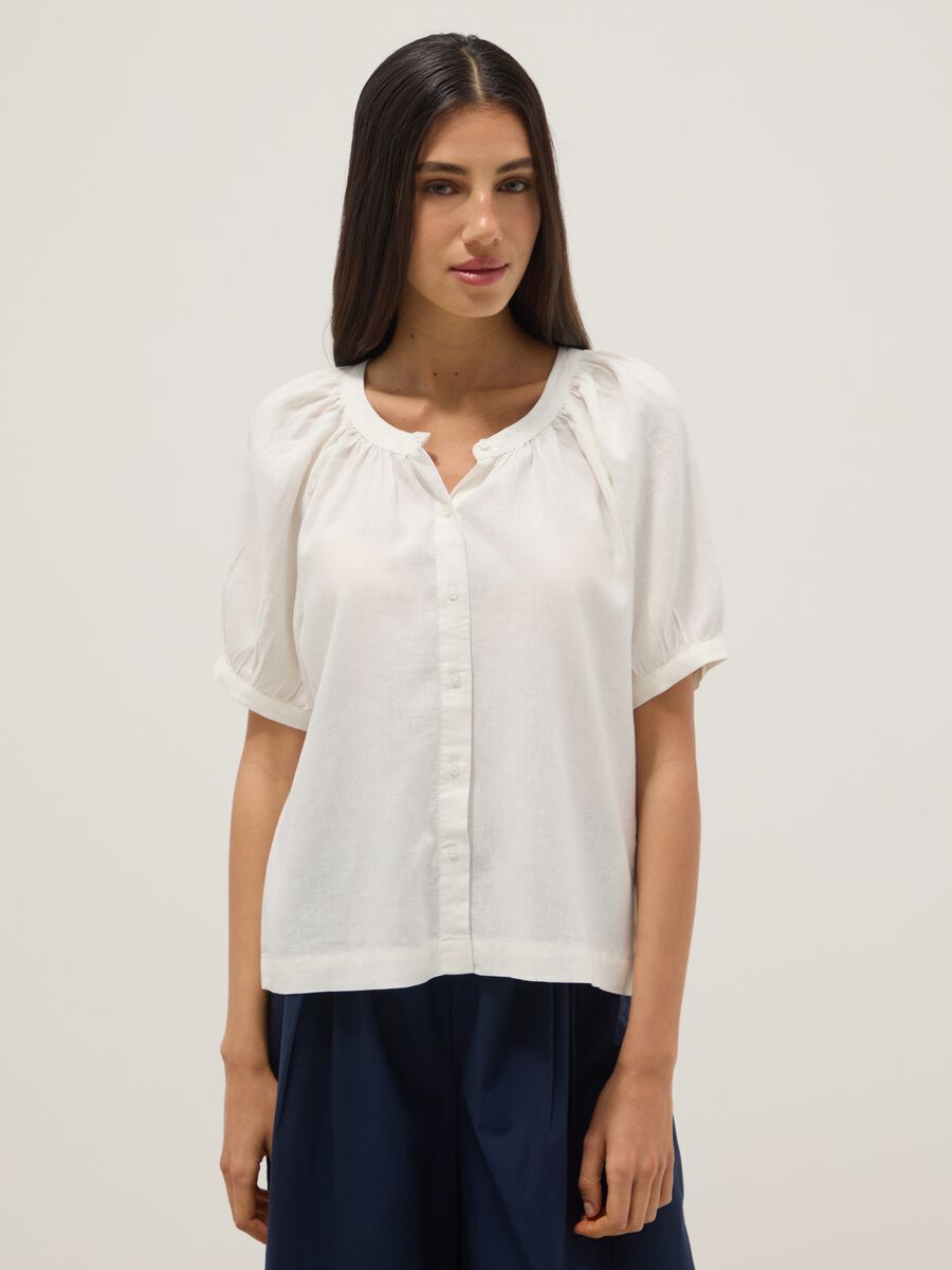 White linen blend regular fit shirt with Mandarin collar_1