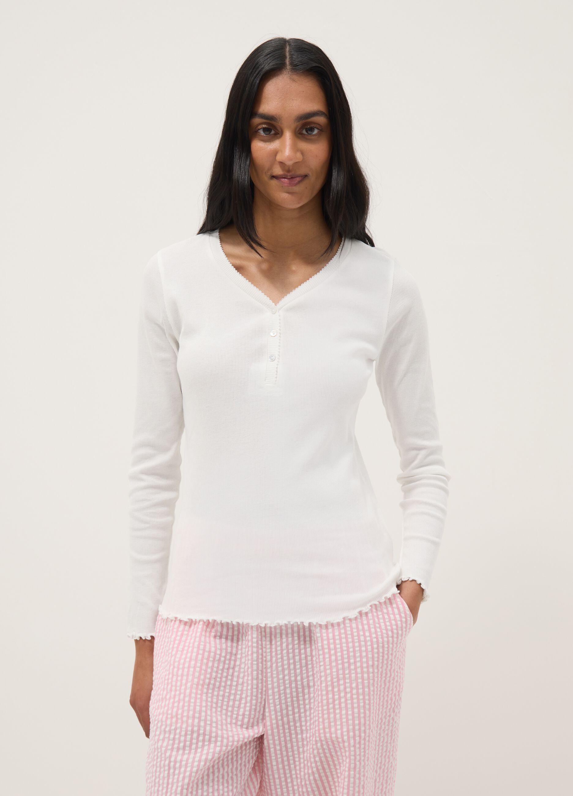 White pure cotton nightshirt regular fit with henley collar