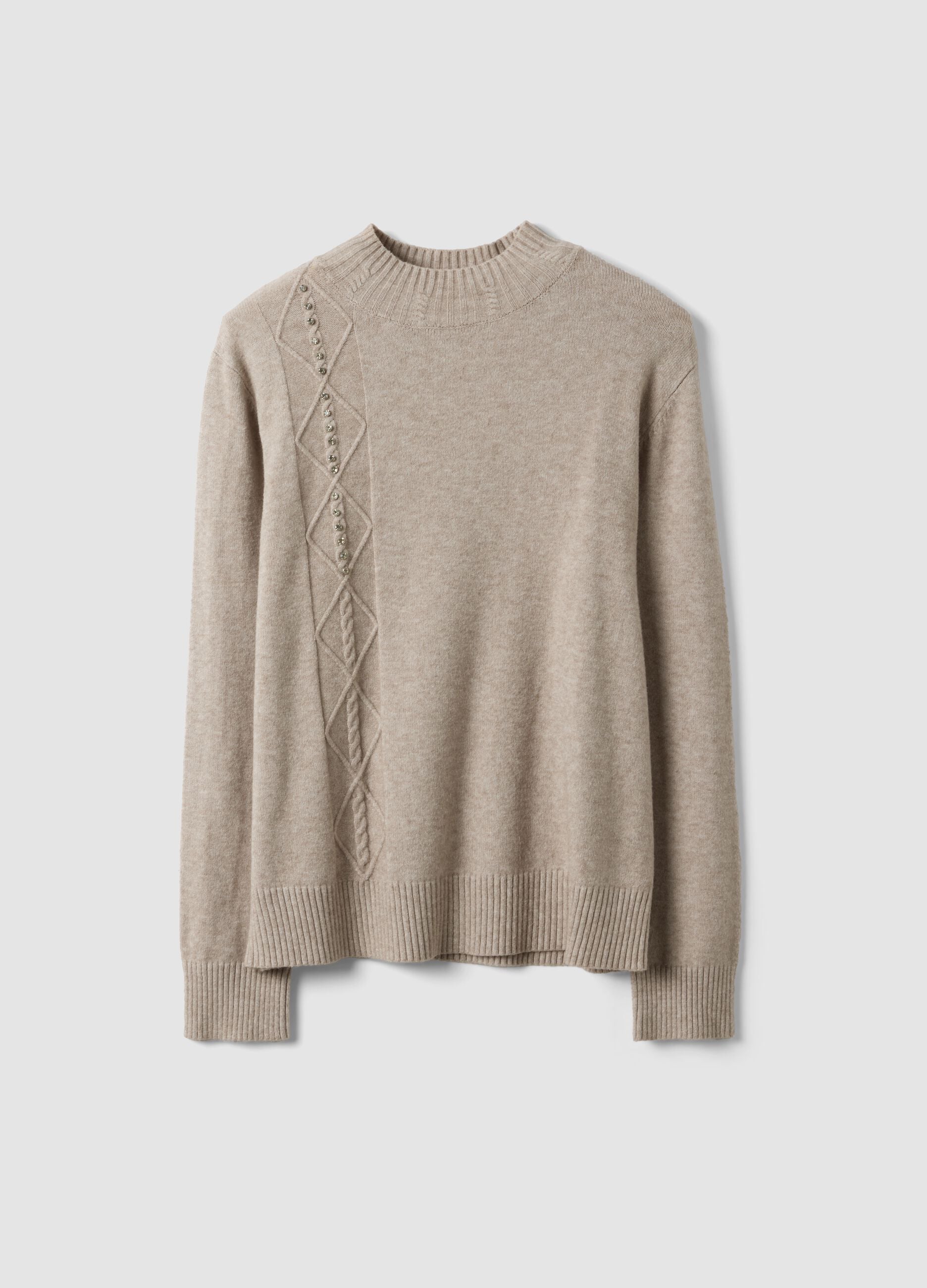 Beige viscose-blend ribbed high-neck jumper, regular fit