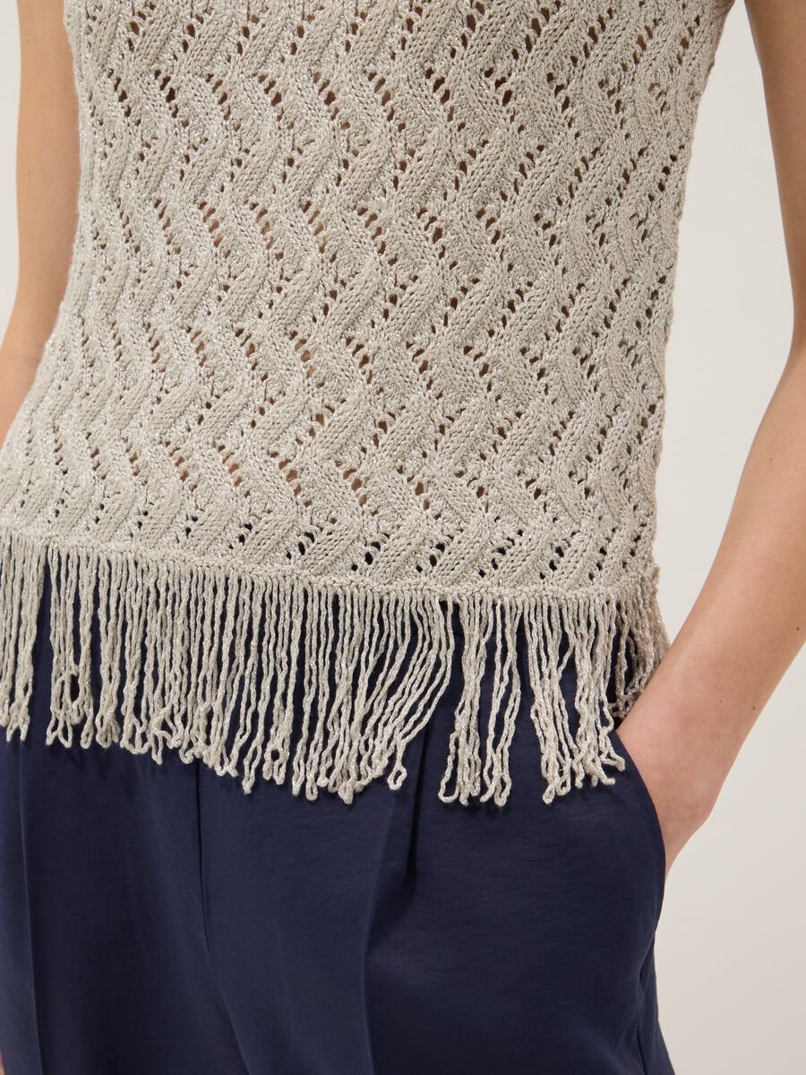 Beige viscose blend regular fit perforated top with fringes_1
