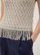 Beige viscose blend regular fit perforated top with fringes_1