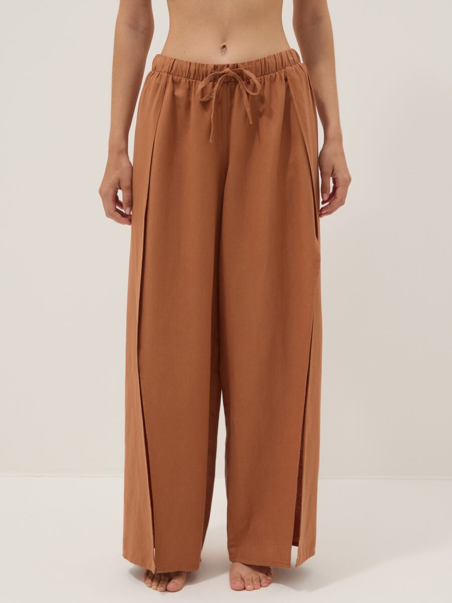 Brown wide-leg linen and viscose-blend trousers_2