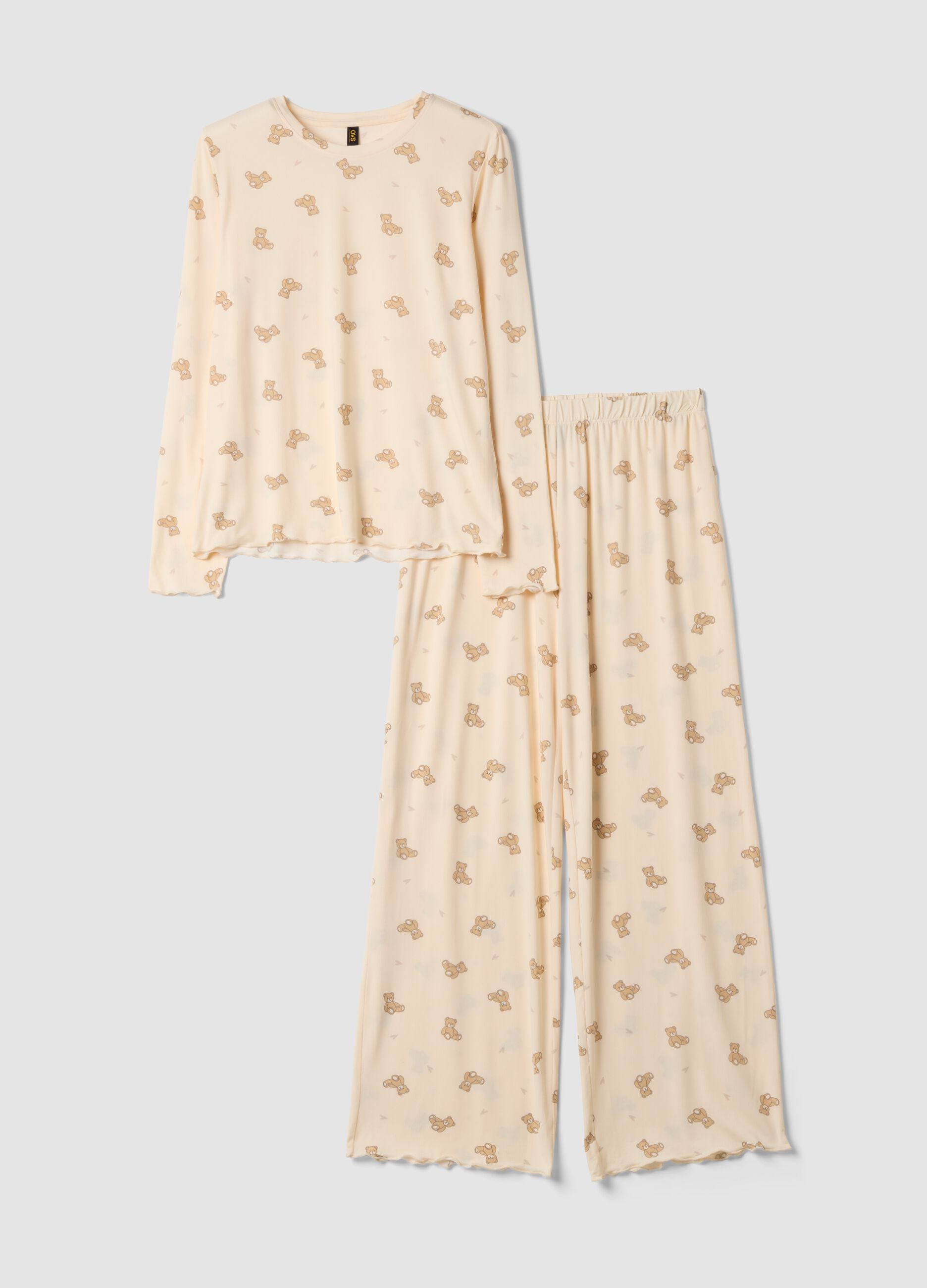 Cream-white stretch fabric crew-neck pyjamas