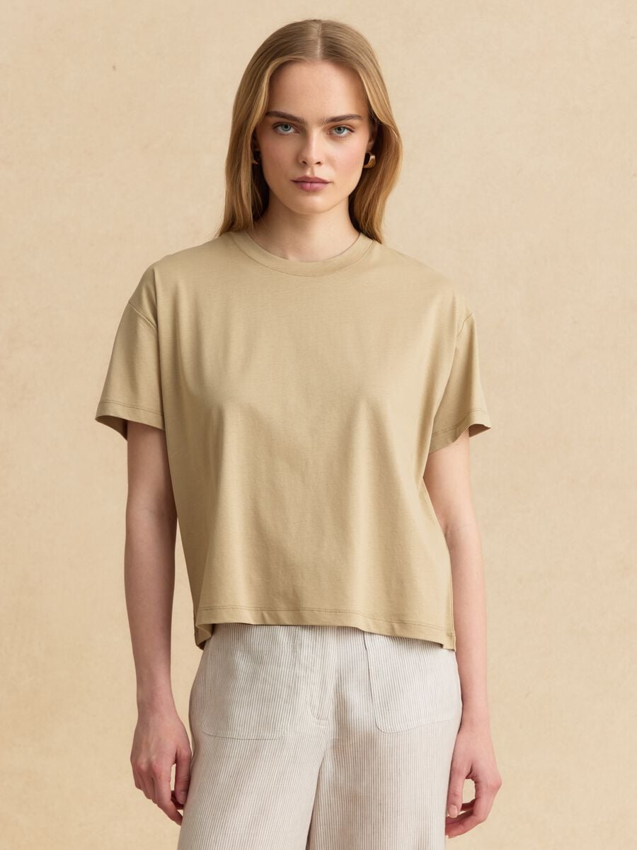 Beige lyocell and cotton-blend T-shirt_1