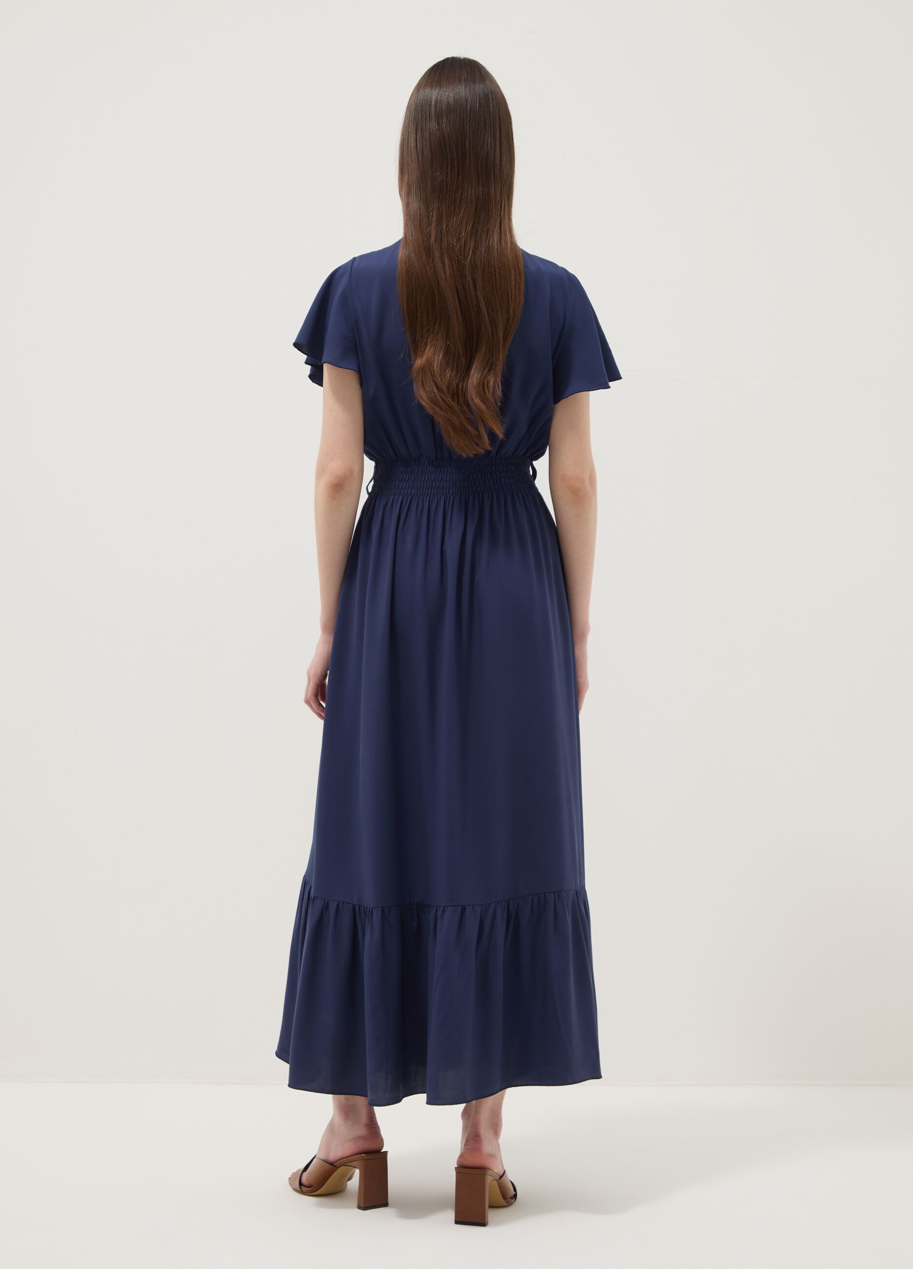 Long blue pure-viscose dress with wrap V-neck, regular fit