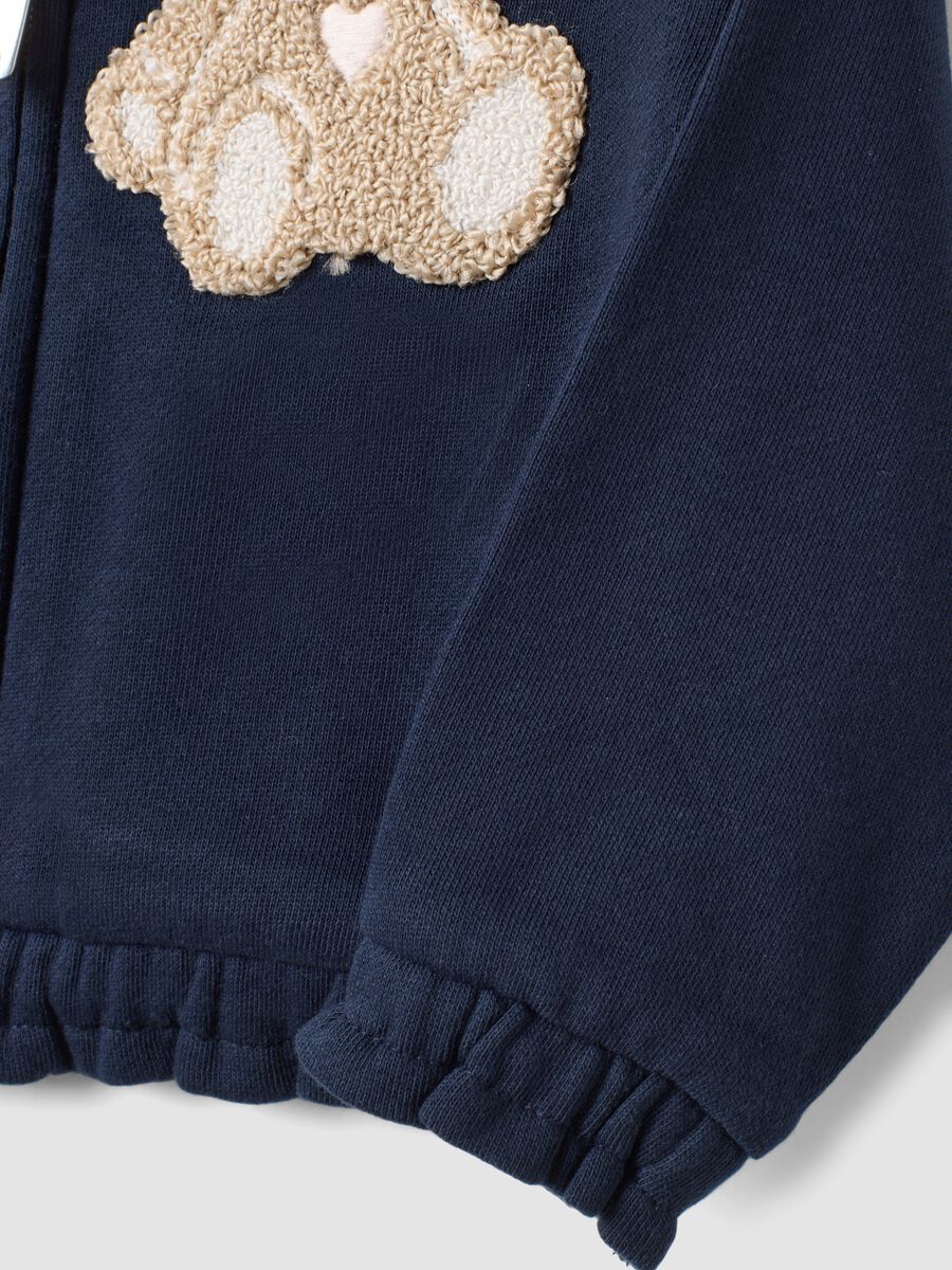 Blue pure cotton sweatshirt with crew neck, zip and teddy bear detail for baby girl_3