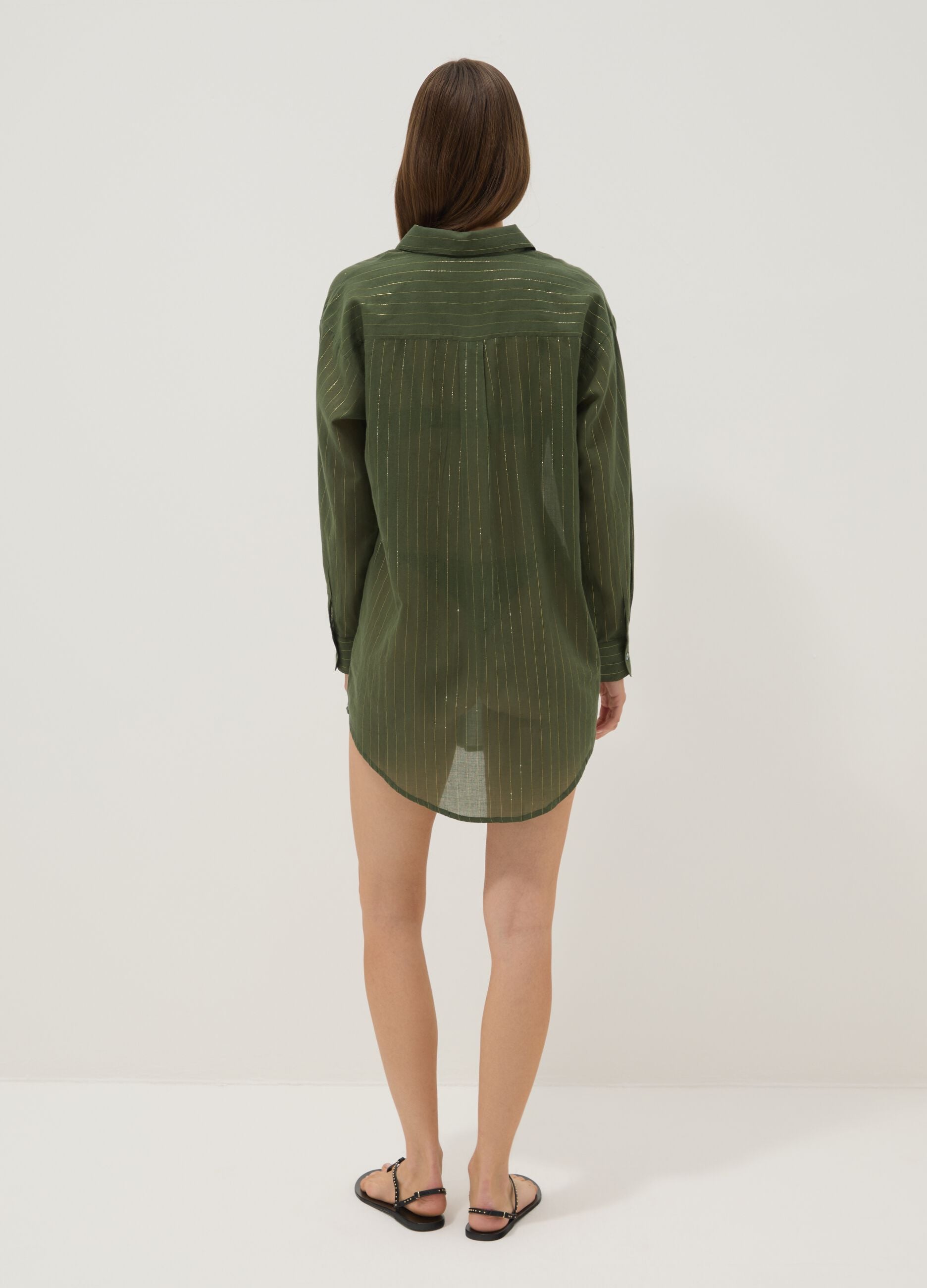 Green cotton-blend kaftan with gold stripes