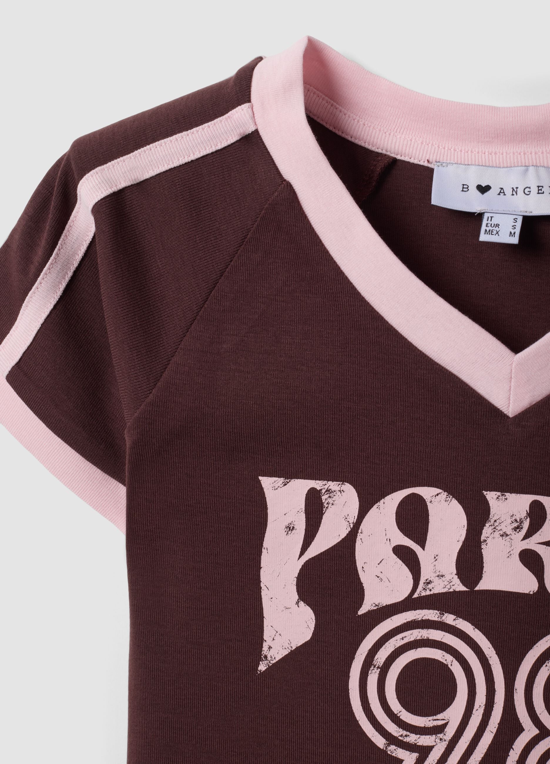 Brown pure cotton V-neck T-shirt with front print