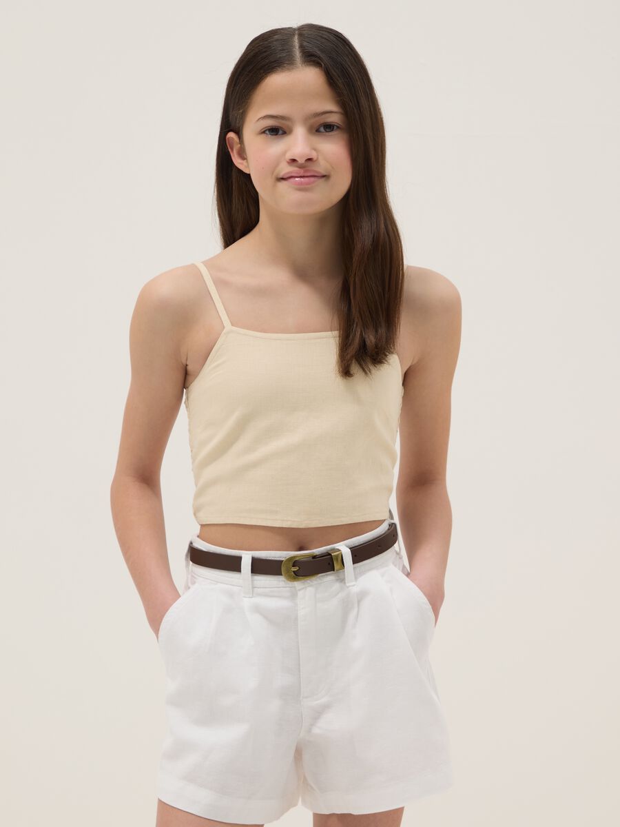 Girls' slim fit beige short top in linen and cotton blend_1