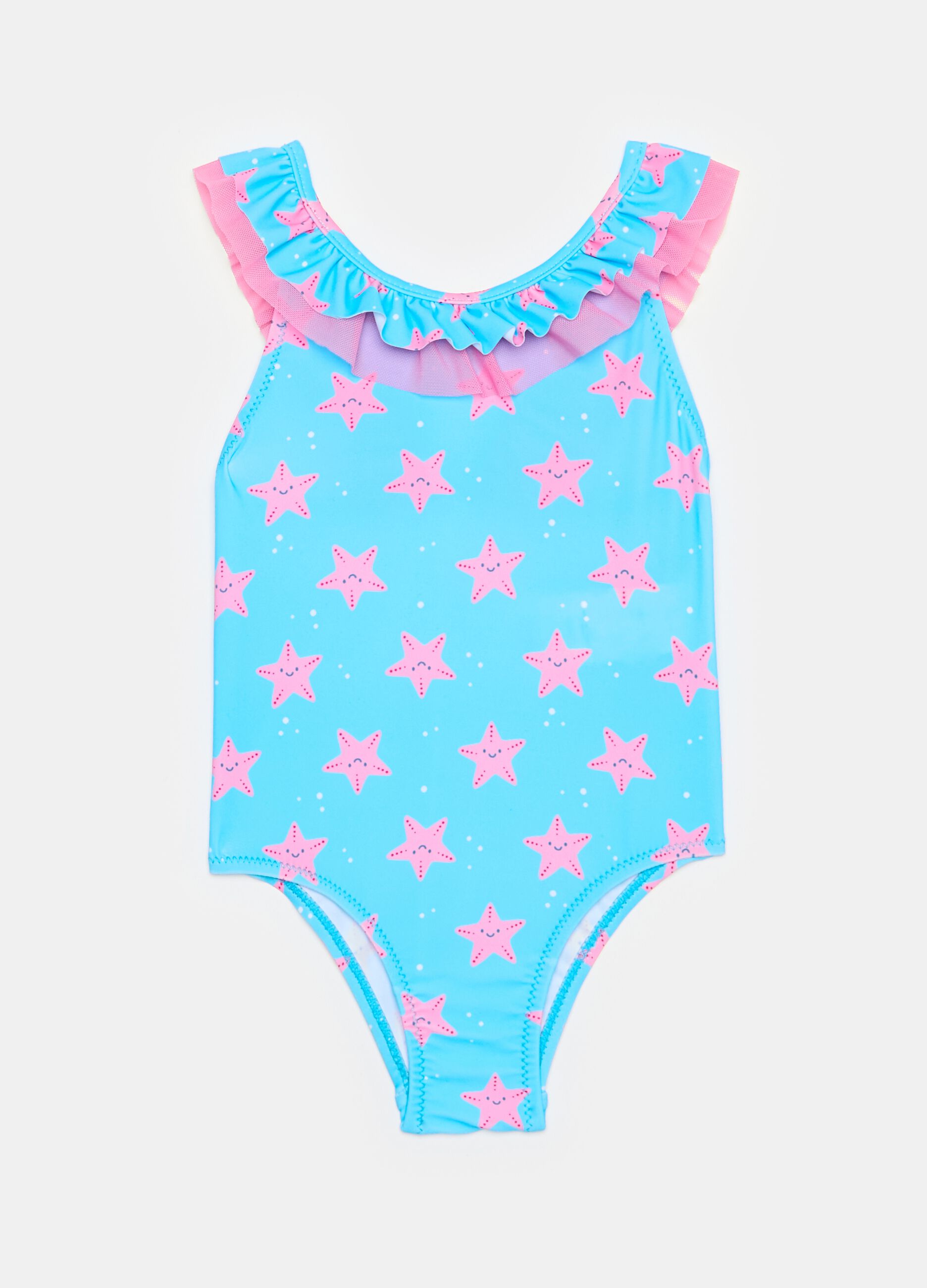 One-piece swimsuit in tulle with starfish print