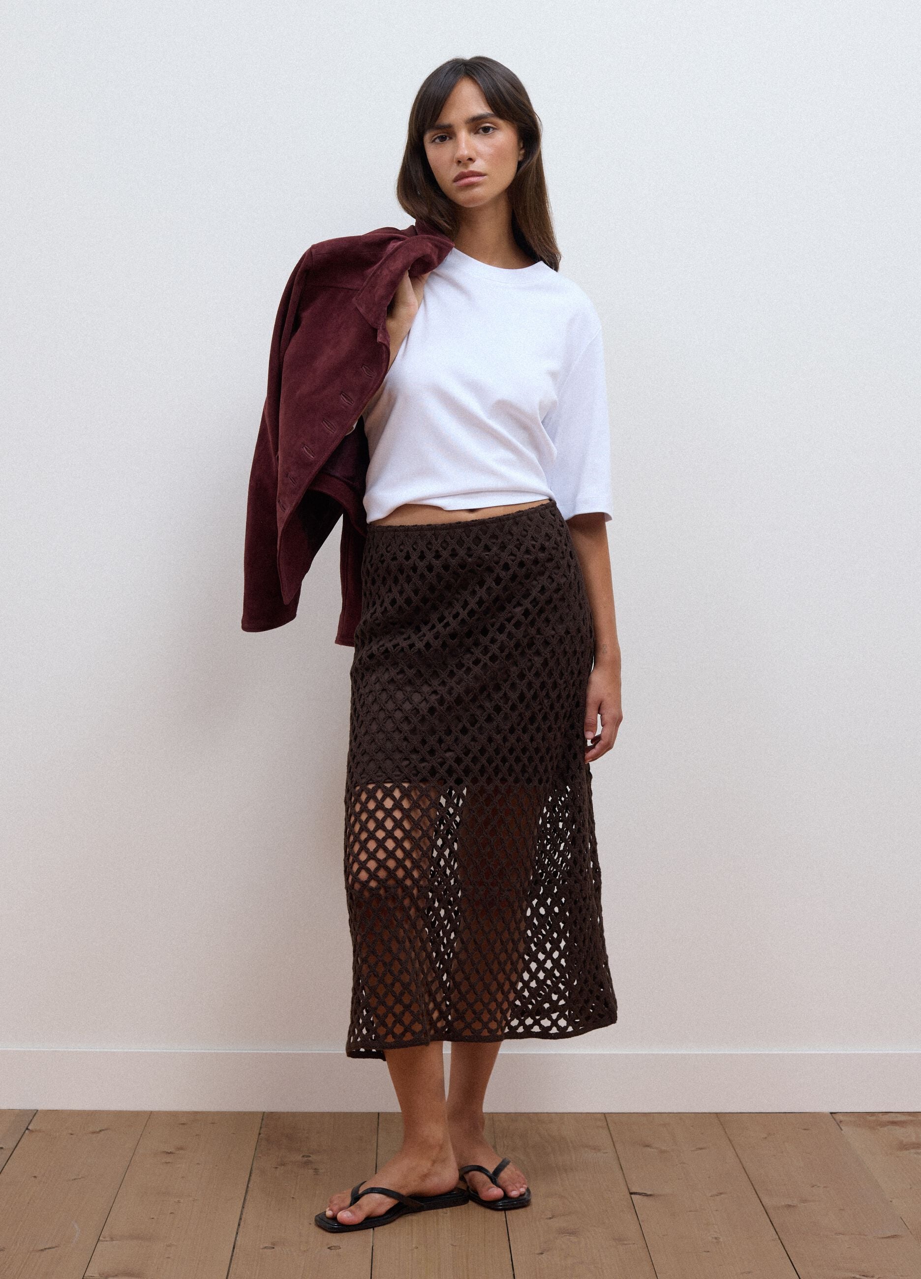 Brown cotton-blend crochet skirt