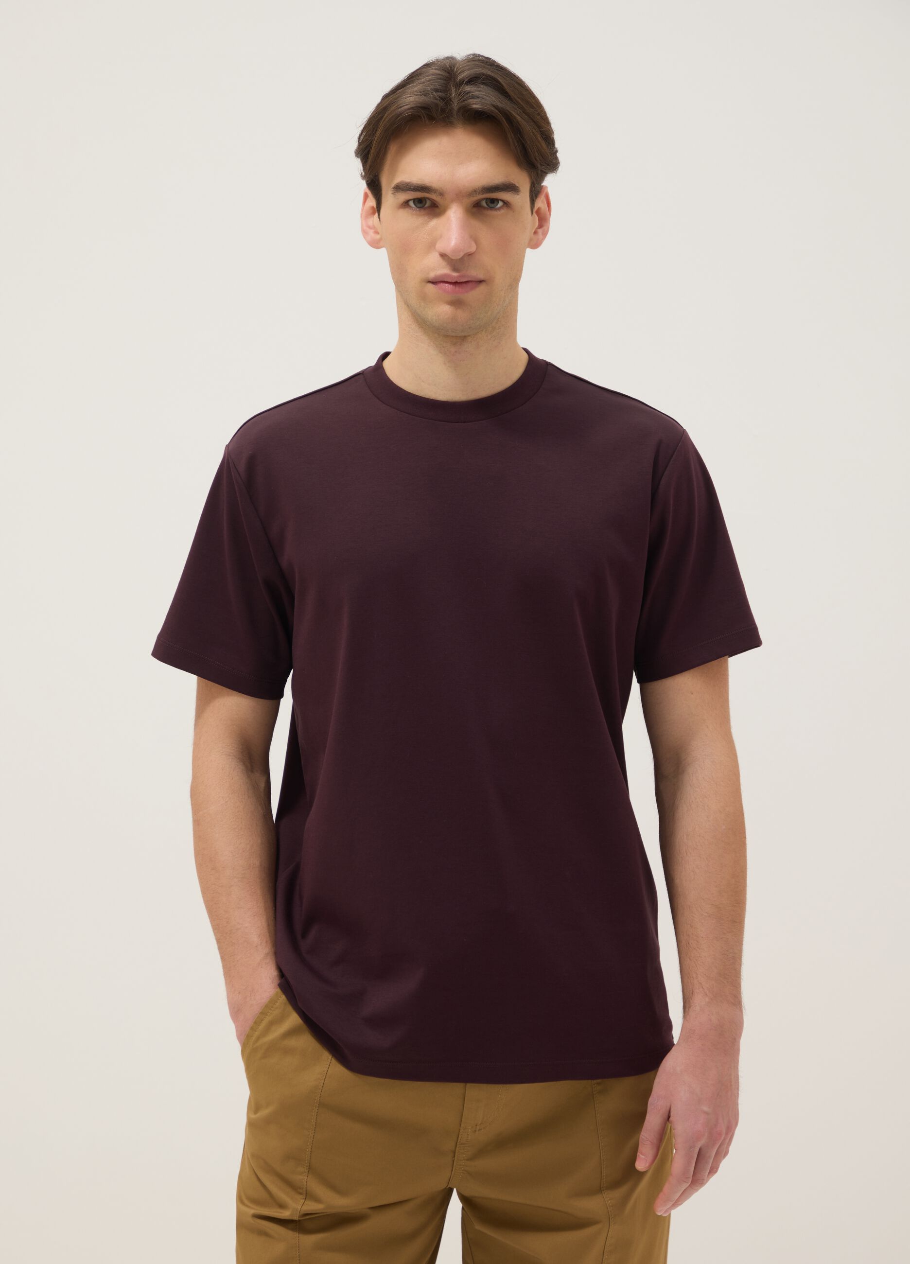 Brown pure cotton crew neck T-shirt regular fit