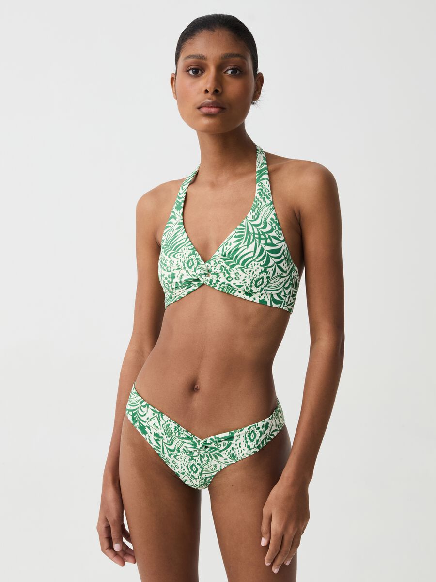 Bikini top with halter neck and foliage print_1