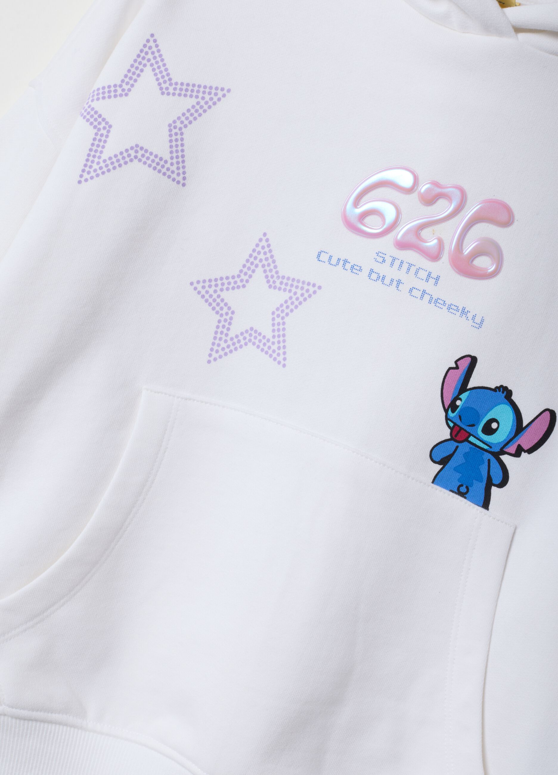 White cropped pure cotton hoodie with Lilo & Stitch print