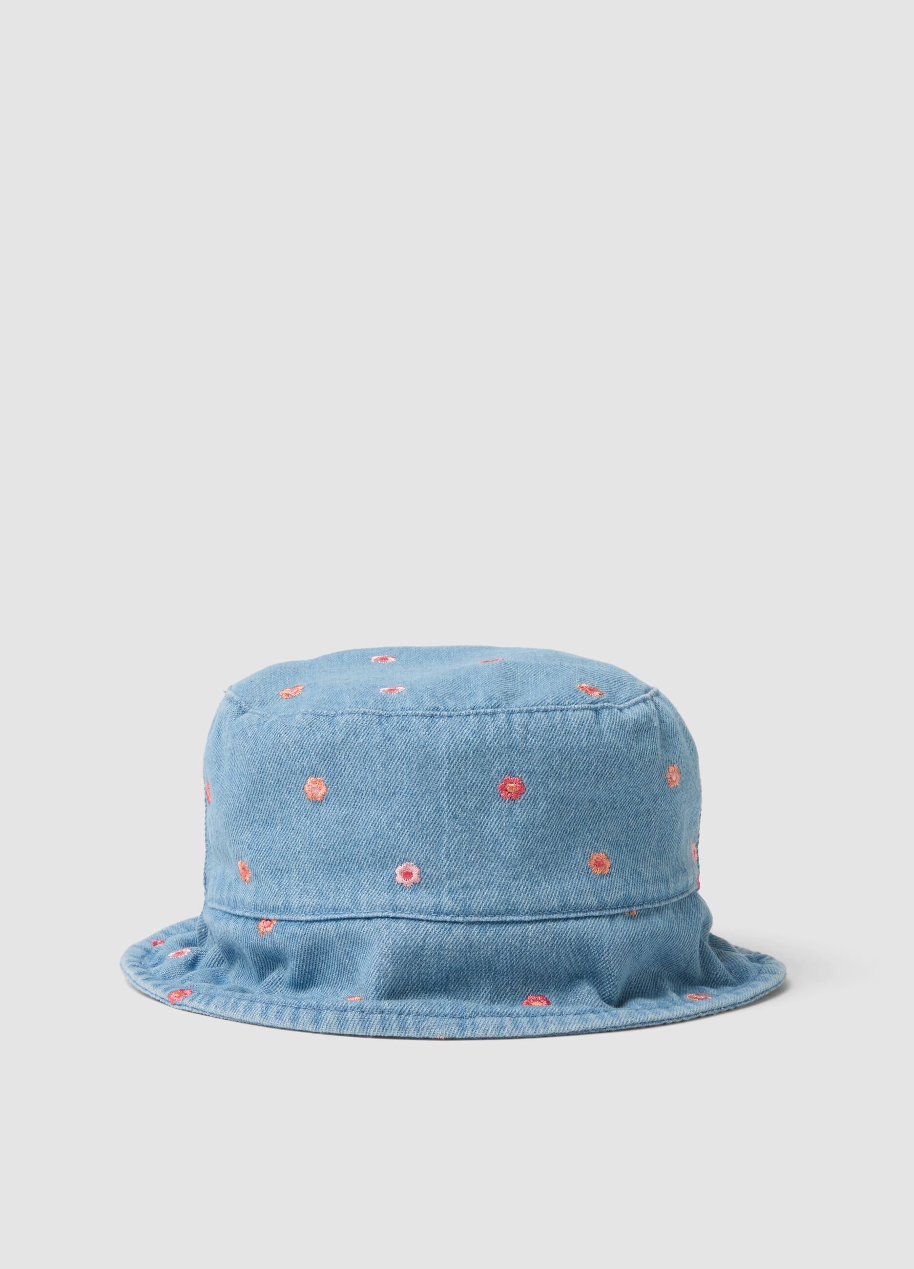 Blue denim pure cotton hat for girls with floral embroidery