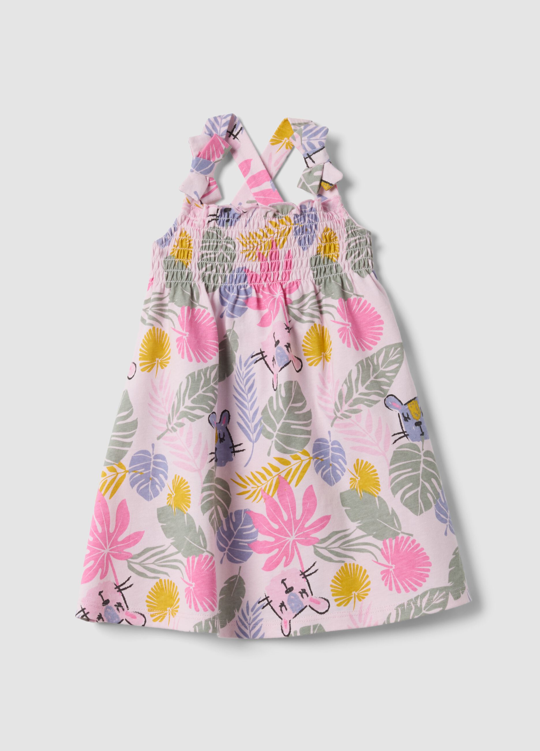 Pink pure cotton dress with tropical print