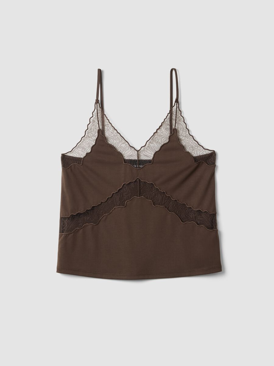 Brown regular fit viscose blend tank top with transparent details_0