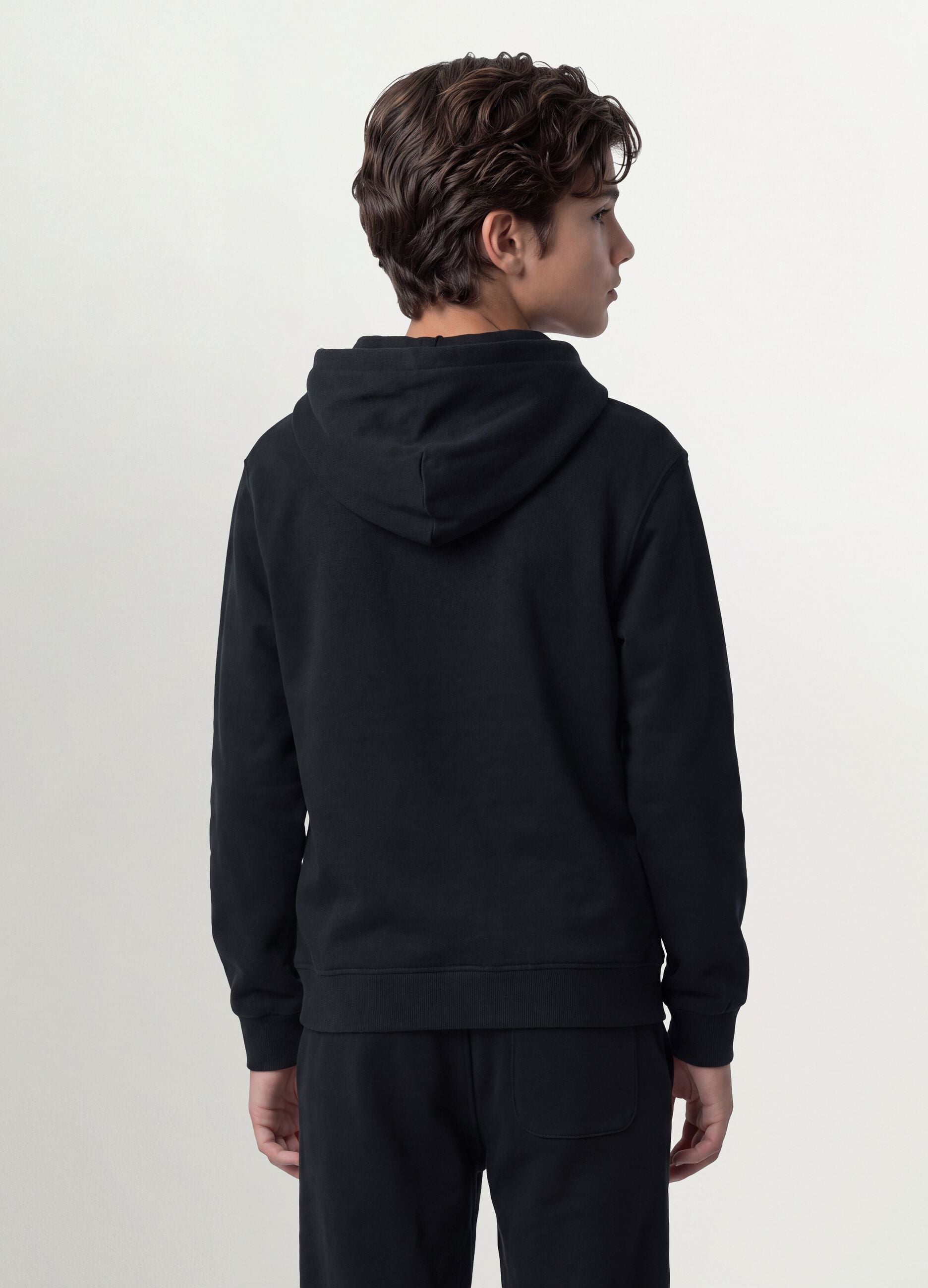 Black organic cotton zip-up hoodie for boys, relaxed fit