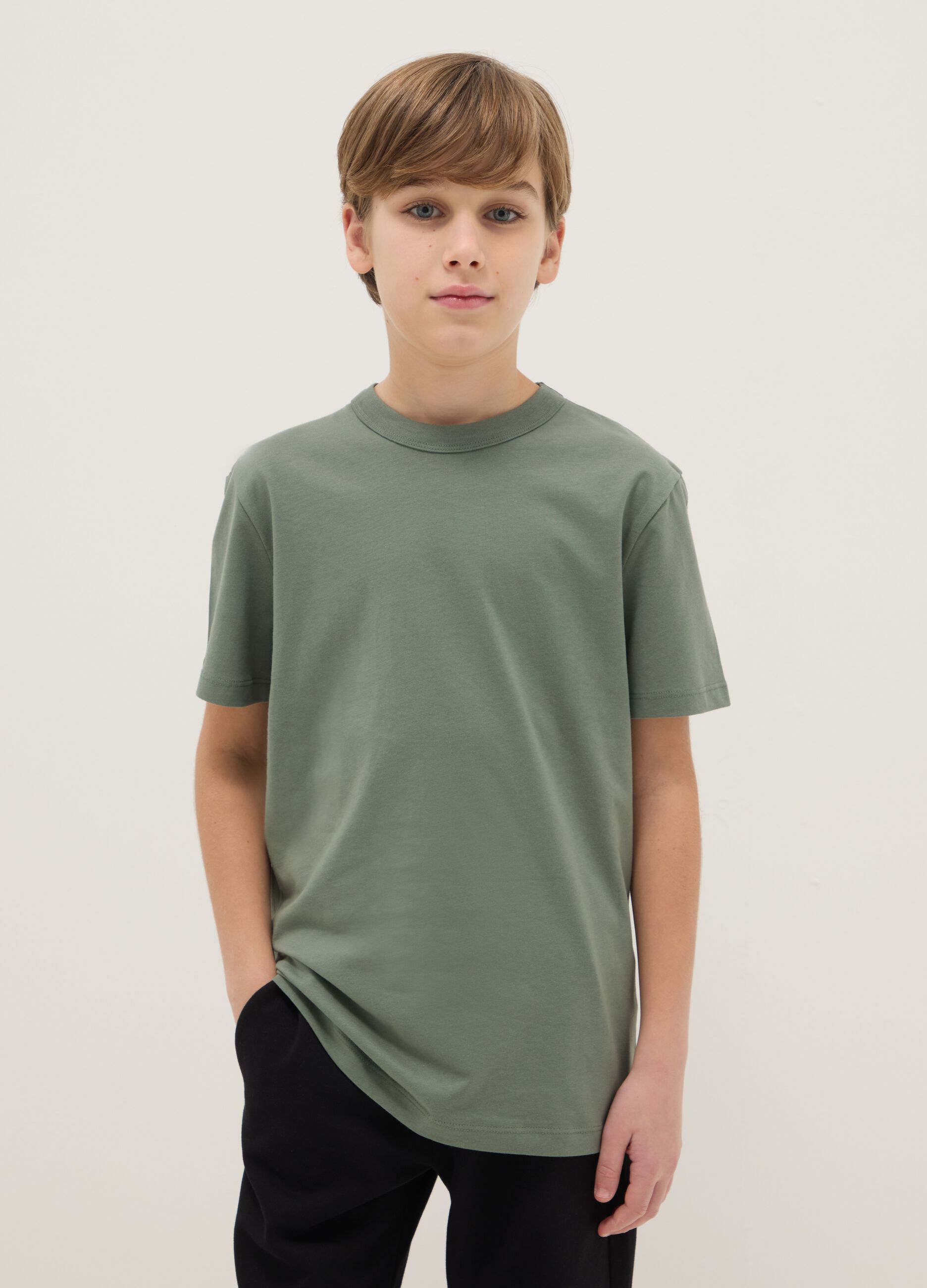 Boys' green crew-neck T-shirt in pure cotton over fit