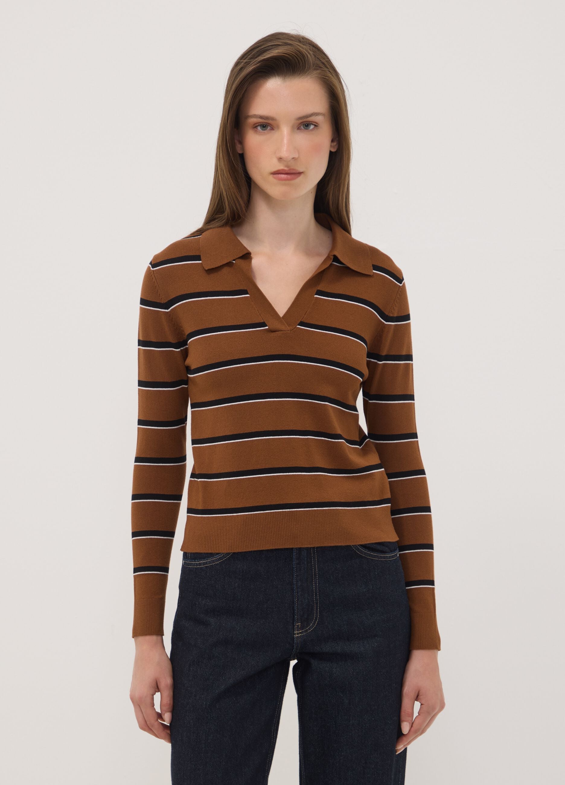 Brown viscose-blend polo-collar jumper, regular fit