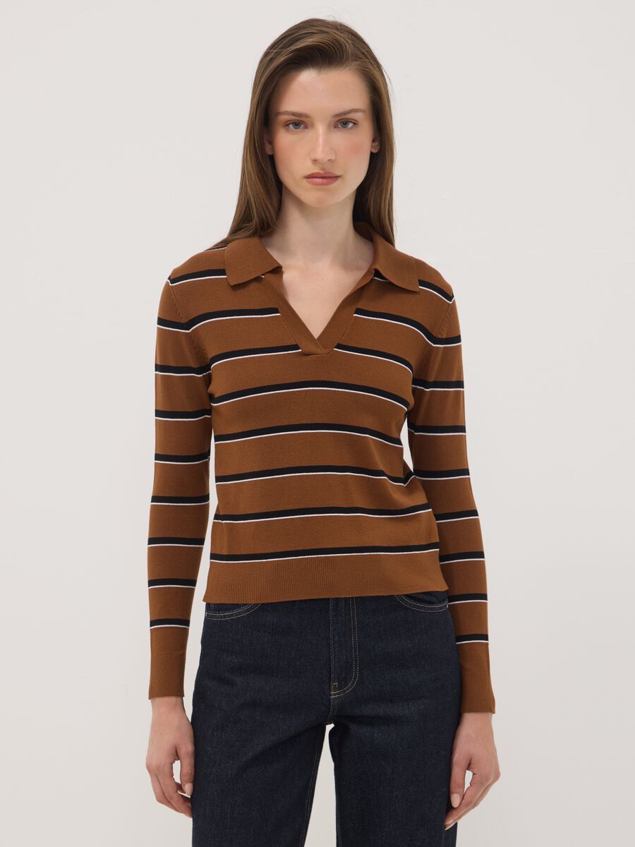 Brown viscose-blend polo-collar jumper, regular fit_1