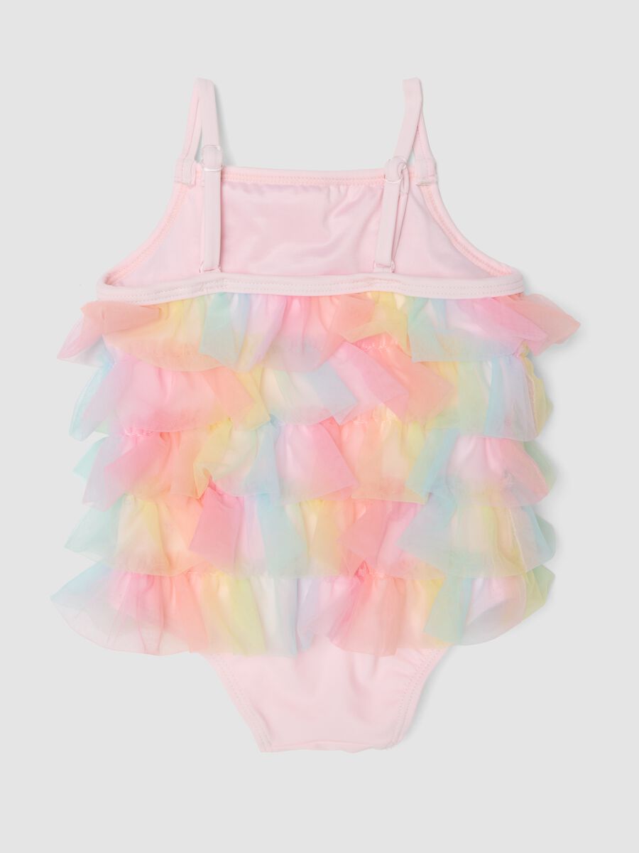 Pink one-piece swimsuit with tulle frills for baby girls_1