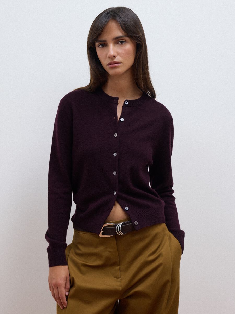 Purple pure wool crew-neck cardigan with buttons, regular fit_0